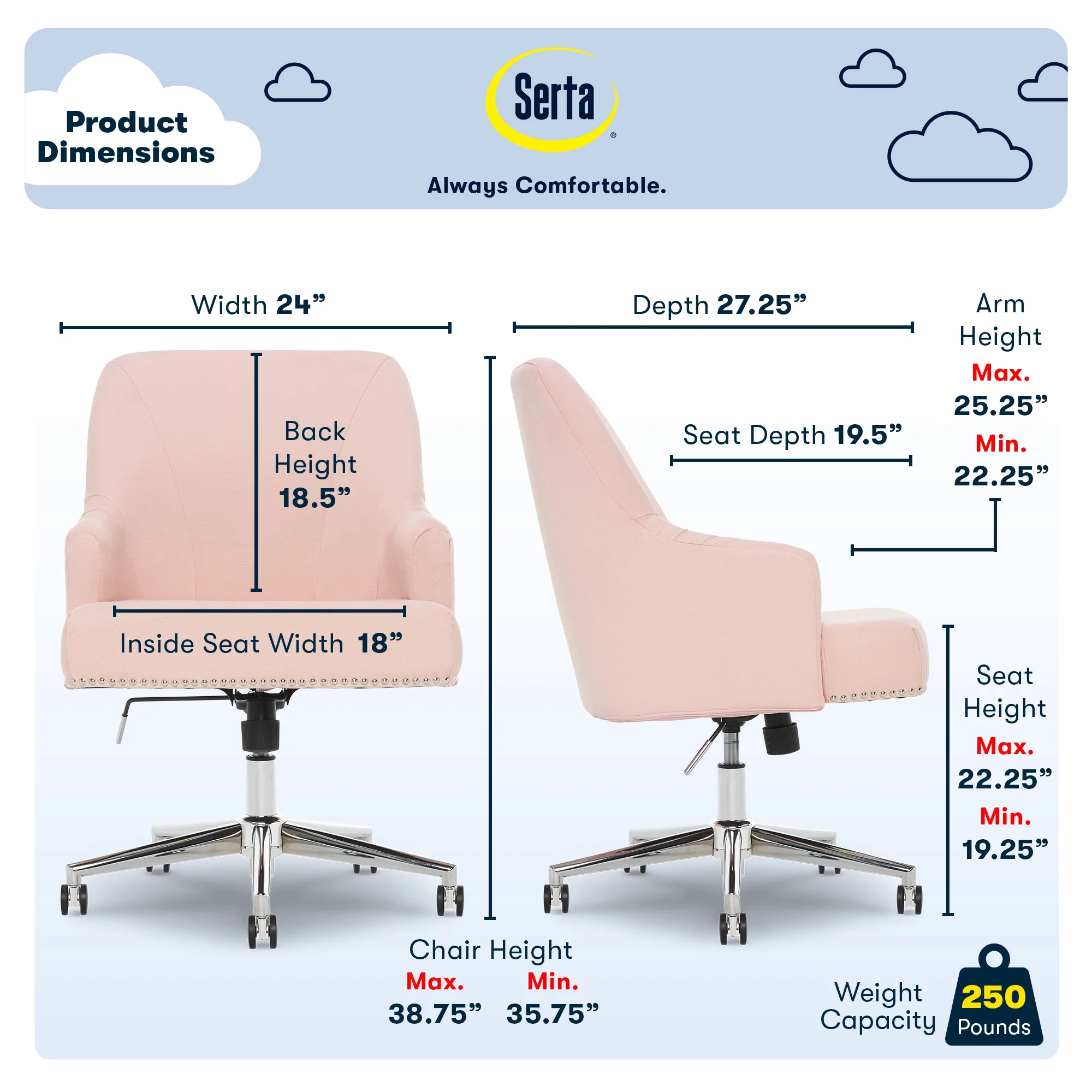 Serta Leighton Home Office Desk Chair Chrome Nailheads Twill Fabric Lilac Purple