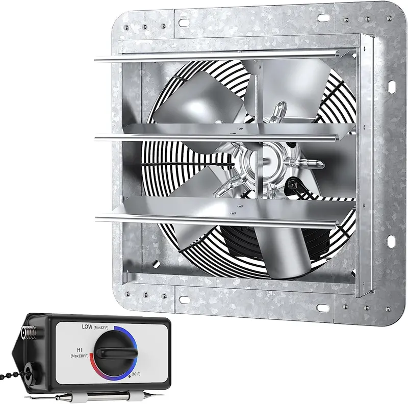 10″ Shutter Exhaust Fan. 3 Speed Thermostat. 600 CFM. 900 SQF. 6′ Cord. Silver