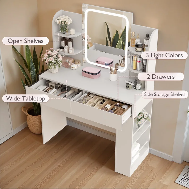 Furmax Makeup Vanity Desk with LED Lighted Mirror Vanity Table with Drawers, Shelves & Side Storage for Bedroom, White
