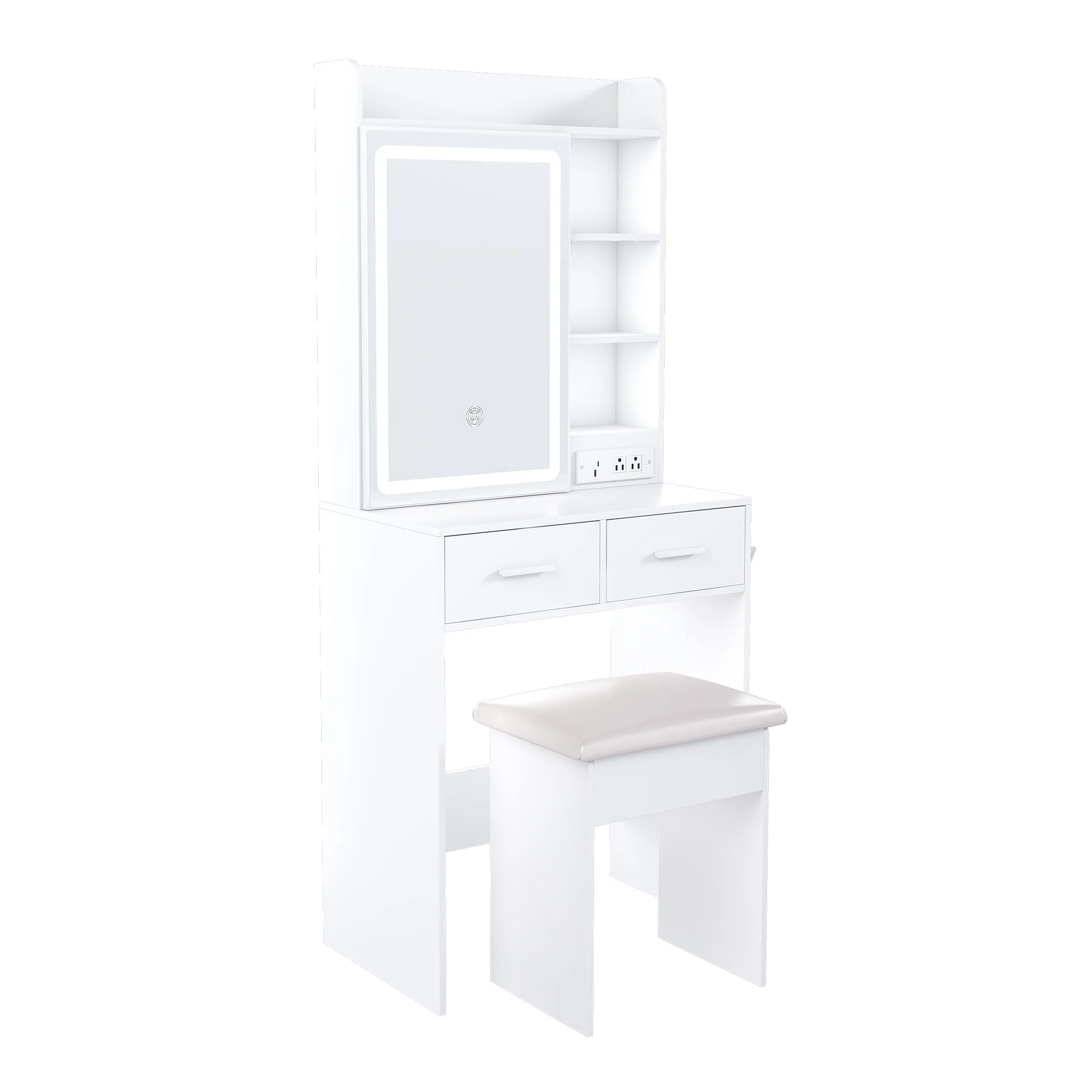 Small White Makeup Vanity Desk with Mirror and Adjustable LED Lights, Built-in Power Outlet and Hidden Storage