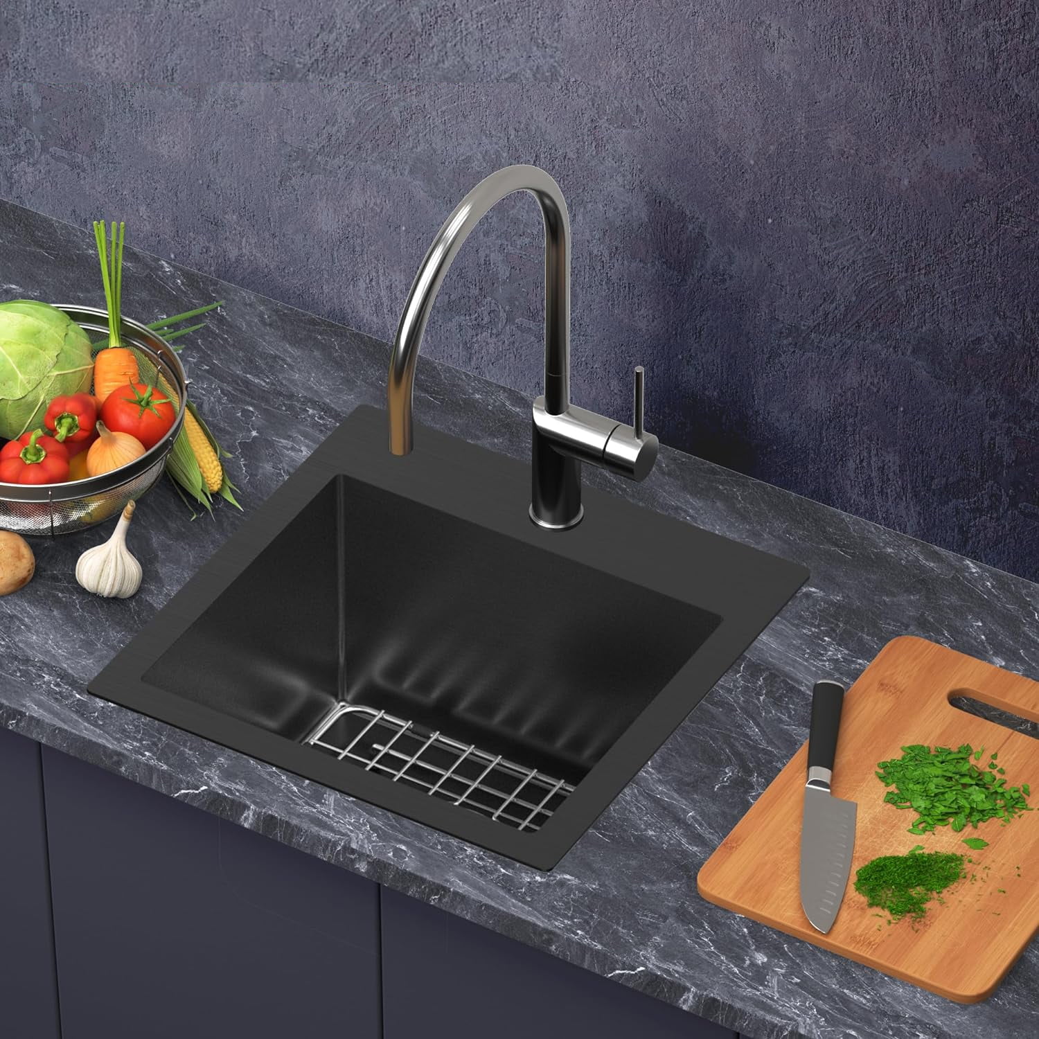 15 x 15 Inch Black Drop In Kitchen Bar Sink, Small Kitchen Sink Single Bowl Topmount Bar Prep Sink 18 Gauge Stainless Steel Bar Sink with Grid and Basket Strainer