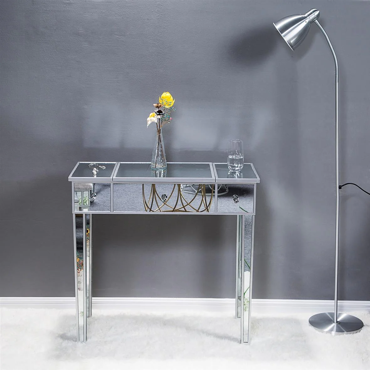 Zimtown Vanity Table Makeup Dressing Table Wood Jewelry Desk with Flip-top Mirror 3 drawers(Stool is NOt INCLUDED),Silver