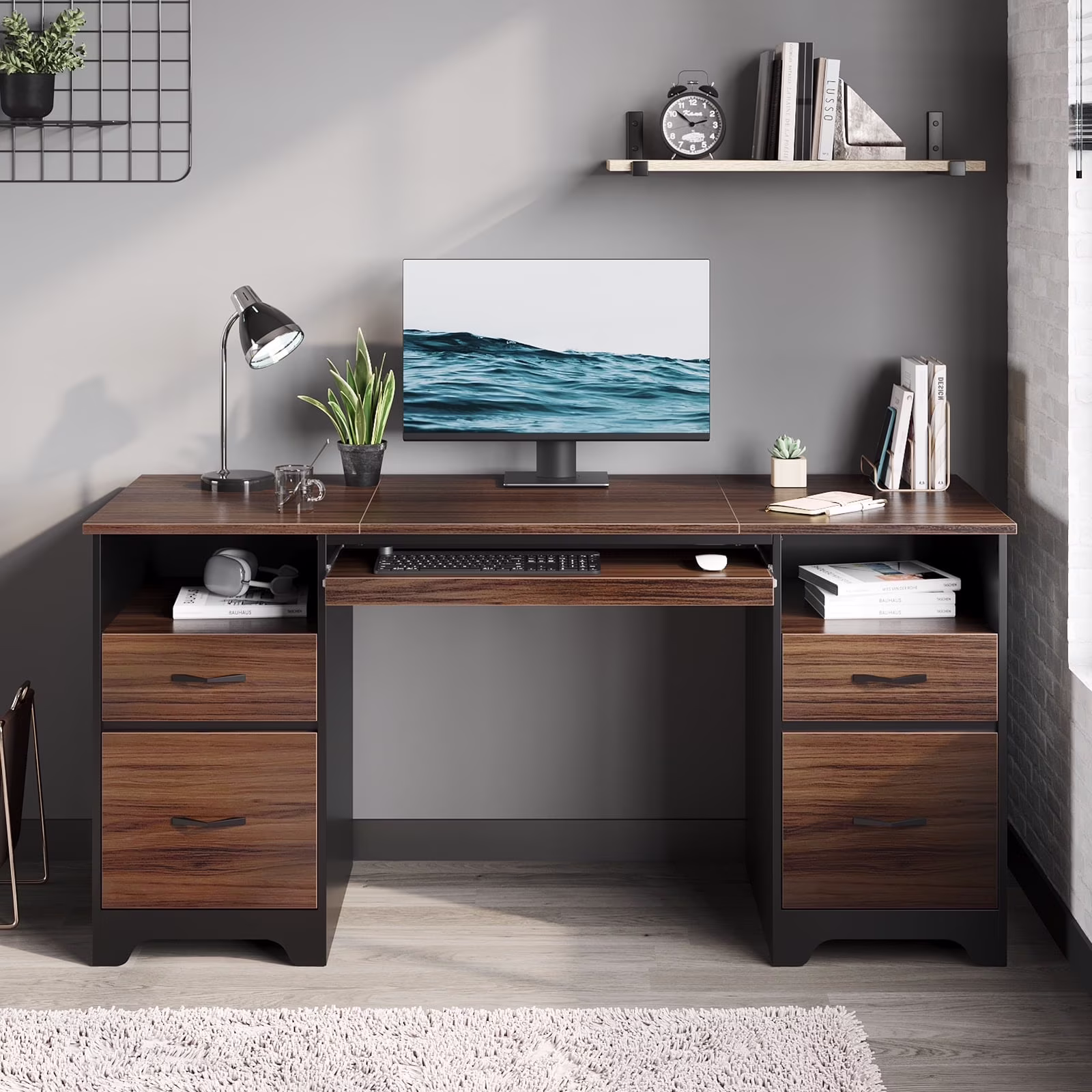 Bestier 59�� Computer Desk with 4 Drawers, Office Executive Desk with File Drawer, Keyboard Tray for Home Office, Gray