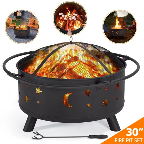 SMILE MART Iron Fire Pit Set Heating Equipment Camping Fire Bowl with Poker Mesh Cover for BBQ Backyard Patio Outdoor Fireplace Black
