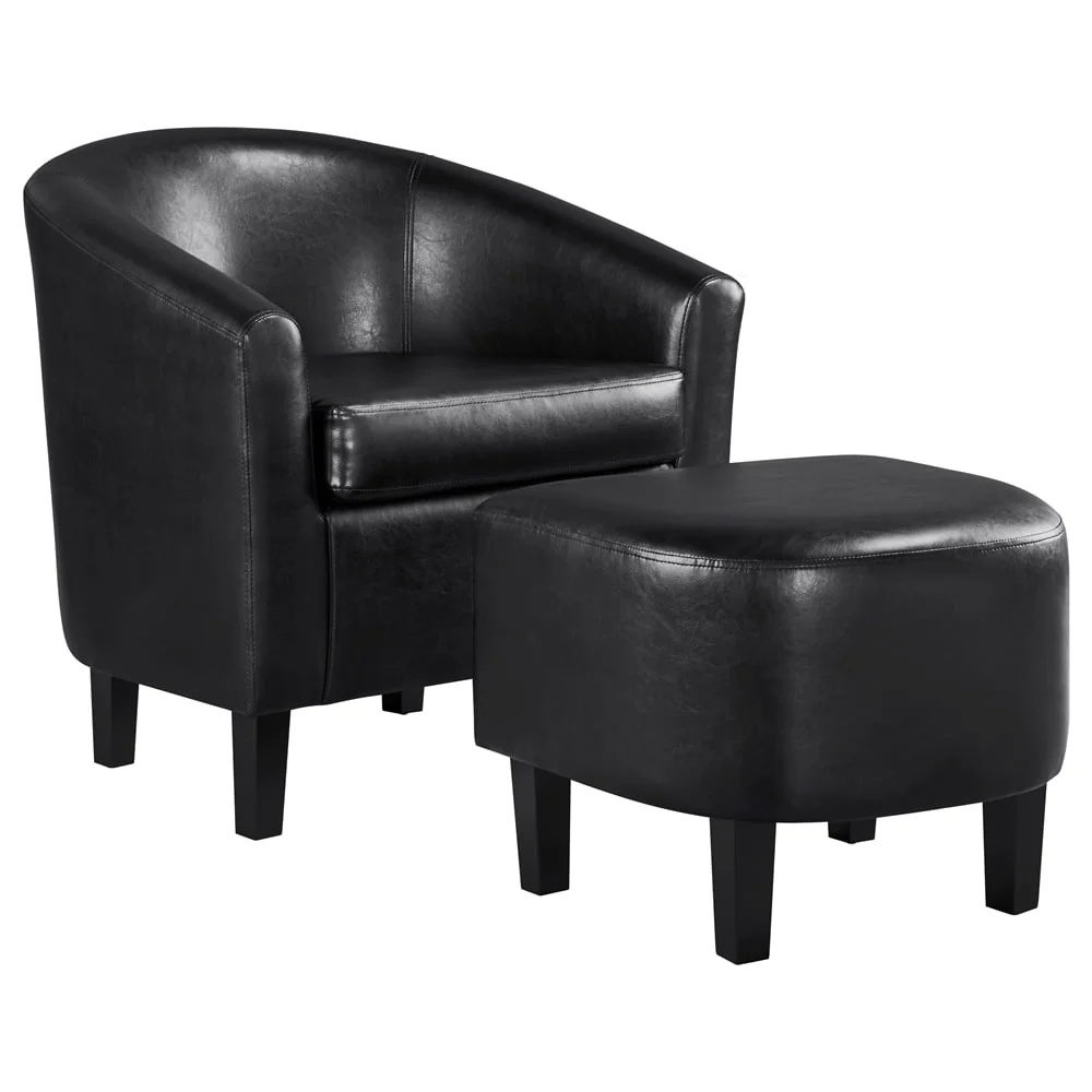 Easyfashion Barrel Accent Chair with Ottoman, Brown Faux Leather