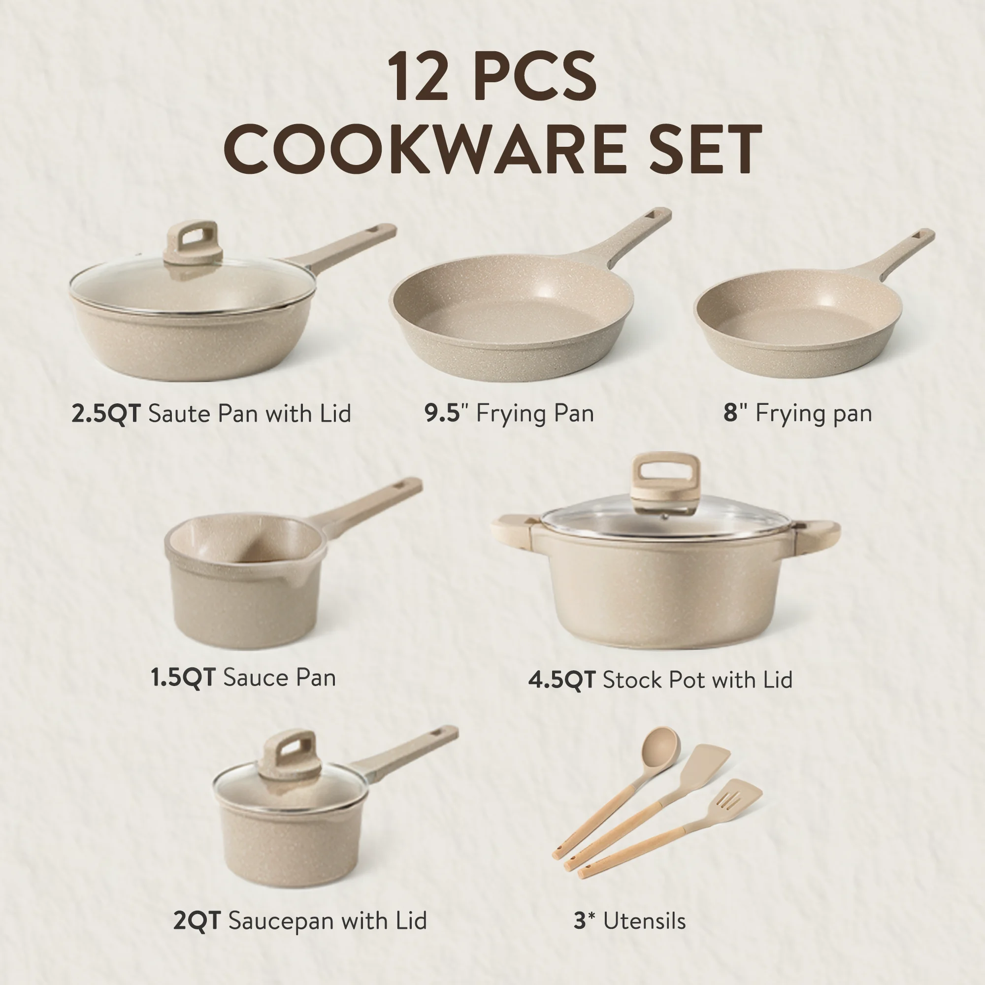 Carote 13 Pcs Nonstick Cookware Sets, Non Stick Pots and Pans Set, Induction Cookware, Taupe