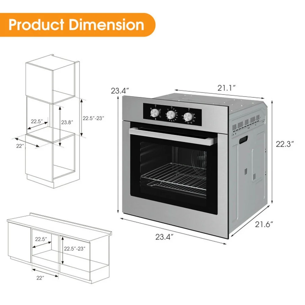 Yardi Yard 24 Inch Single Wall Oven 2.47Cu.ft with 5 Cooking Modes, Single Wall Oven with 360�� Hot Air Circulation, Well-made Built-in Oven for Indoor, Silver