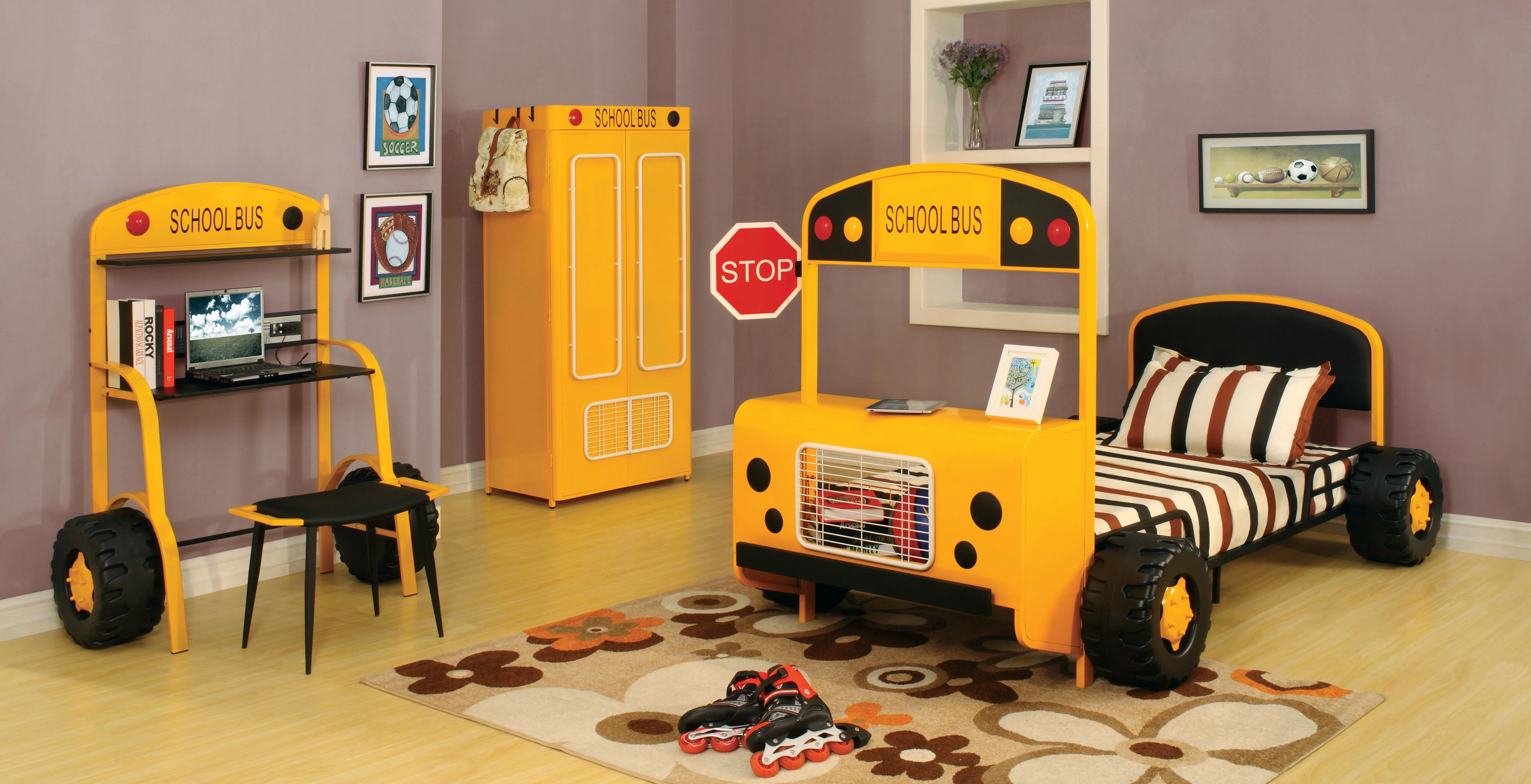 Furniture of America Billy Novelty Metal Yellow School Bus Kids Desk and Stool Set