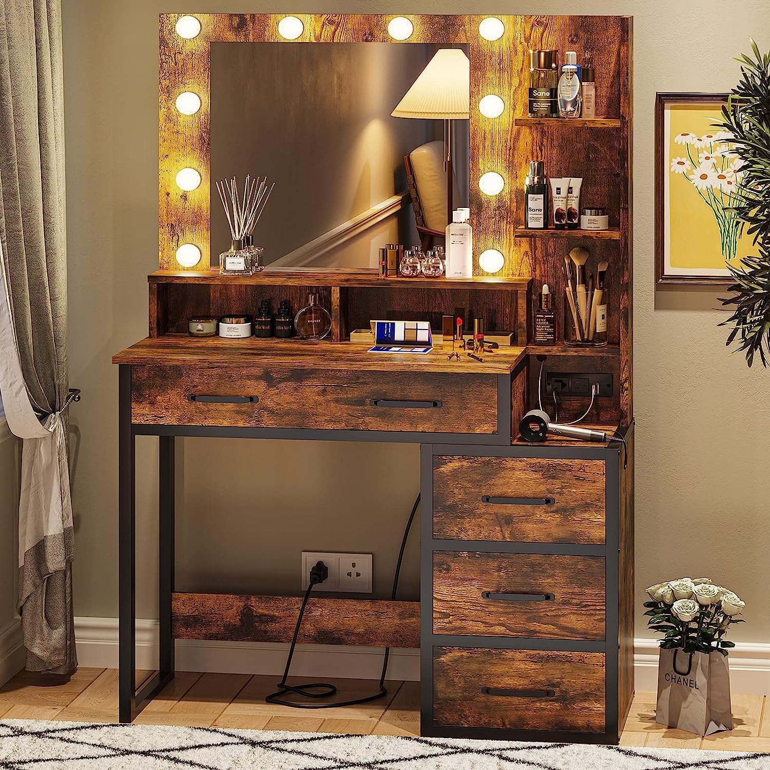 Rustic Vanity Desk Makeup Dresser Desk Table with Lighted Mirror & Charging Station & 5 Drawers, 10 LED Light, Brown & Black