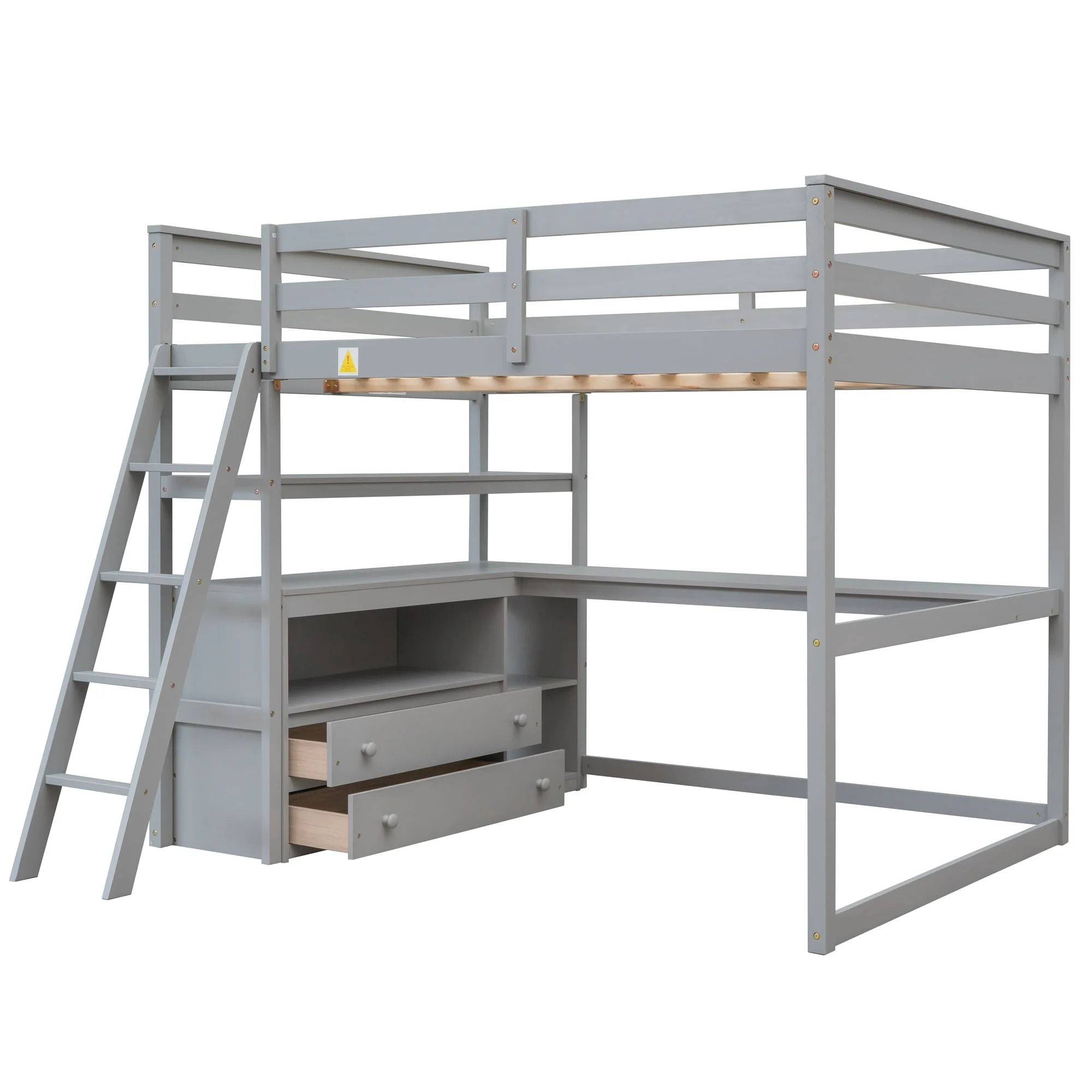 Euroco Full Size Wood Loft Bed with Desk, Shelves and Cabinets for Kids Room, Incline Ladder and 3 Drawers, Gray