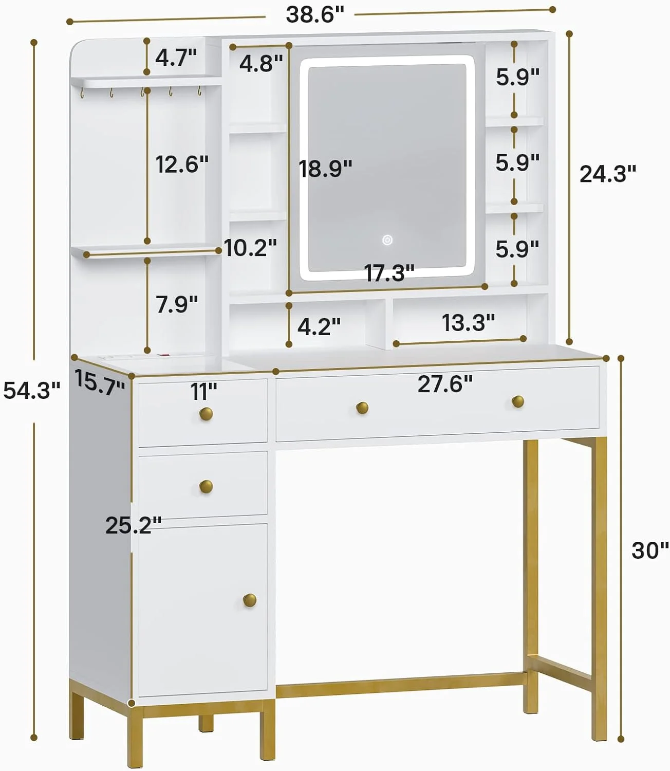AOGLLATI Makeup Vanity with Lights in 3 Colors, White Vanity Desk with Mirror and Lights, Vanity Table with Charging Station, Makeup Desk with Visible Drawers, Hidden and Open Storage Shelves
