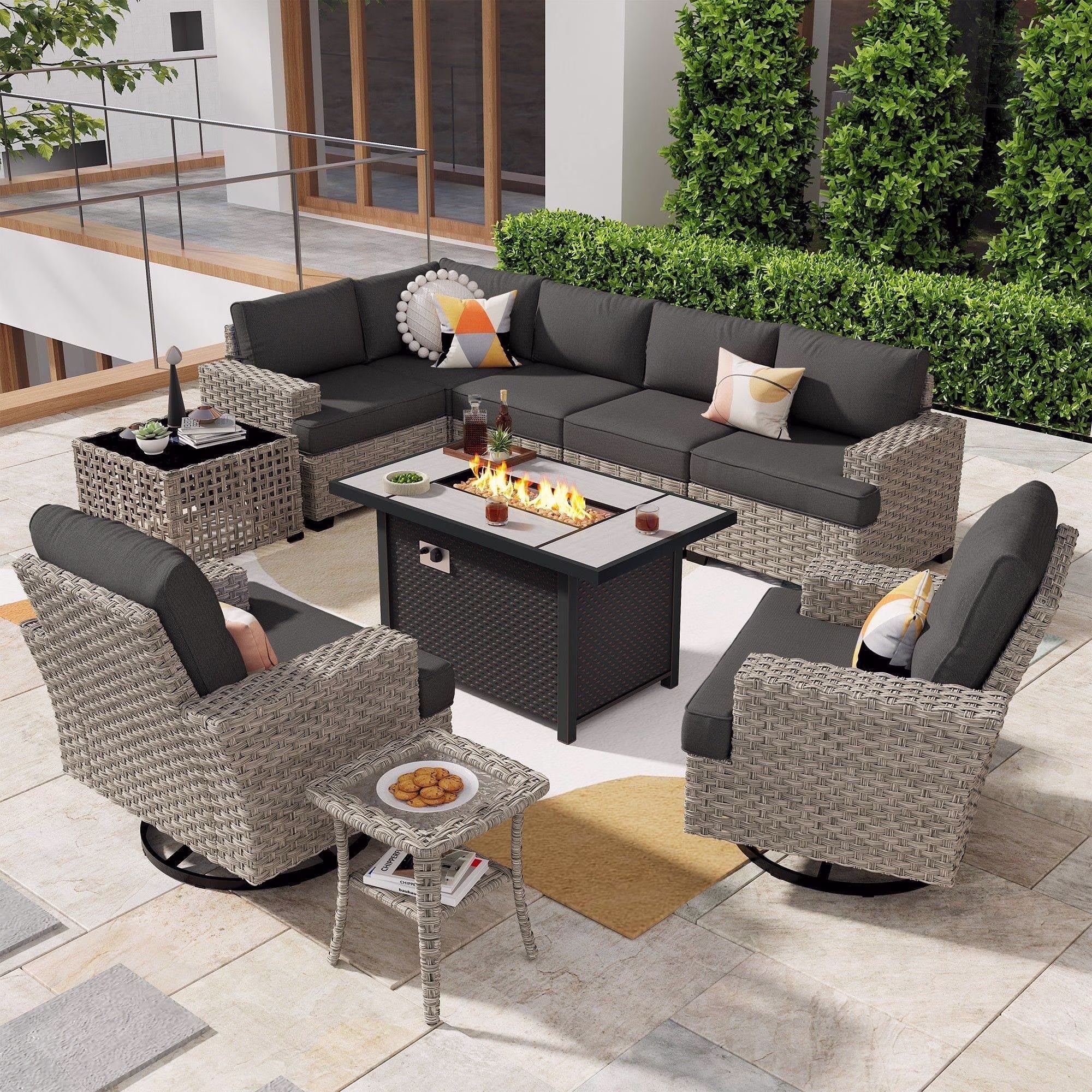 Ovios 10 Pieces Outdoor Patio Furniture Modern High-Back All-Weather Wicker Sectional Conversation Set with Propane Fire Pit Table & Swivel Chair, Dark Gray
