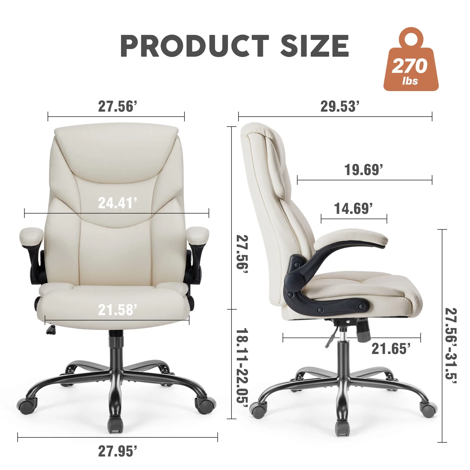 EverPick PU Leather Office Chair with Adjustable Flip-up Armrest,Adjustable Seat Height and Lumbar Support, Strong Metal Base - Cream