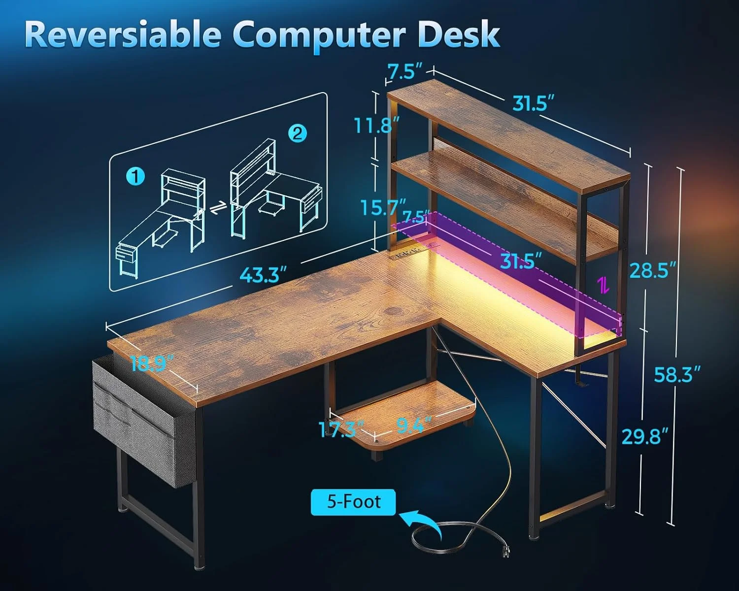 Gaming Desk with Power Outlets & LED Lights, 43 Inch Reversible L Shaped Computer Desk with Shelves & Storage Bag, Corner Desk for Home Office, Black