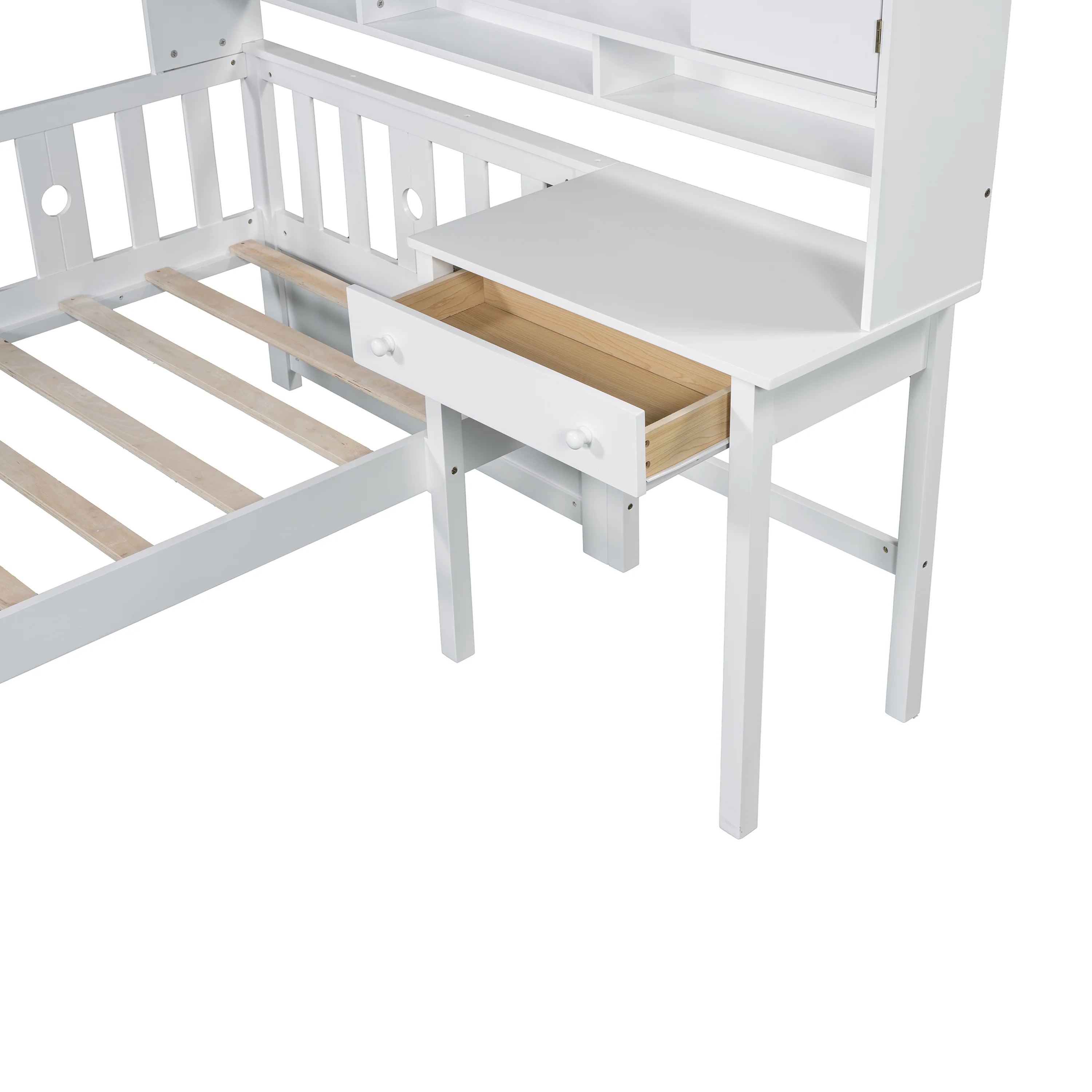 Euroco Wood Twin Size Platform Bed with Desk and Shelves, Table and Chair Set for Kids, Natural