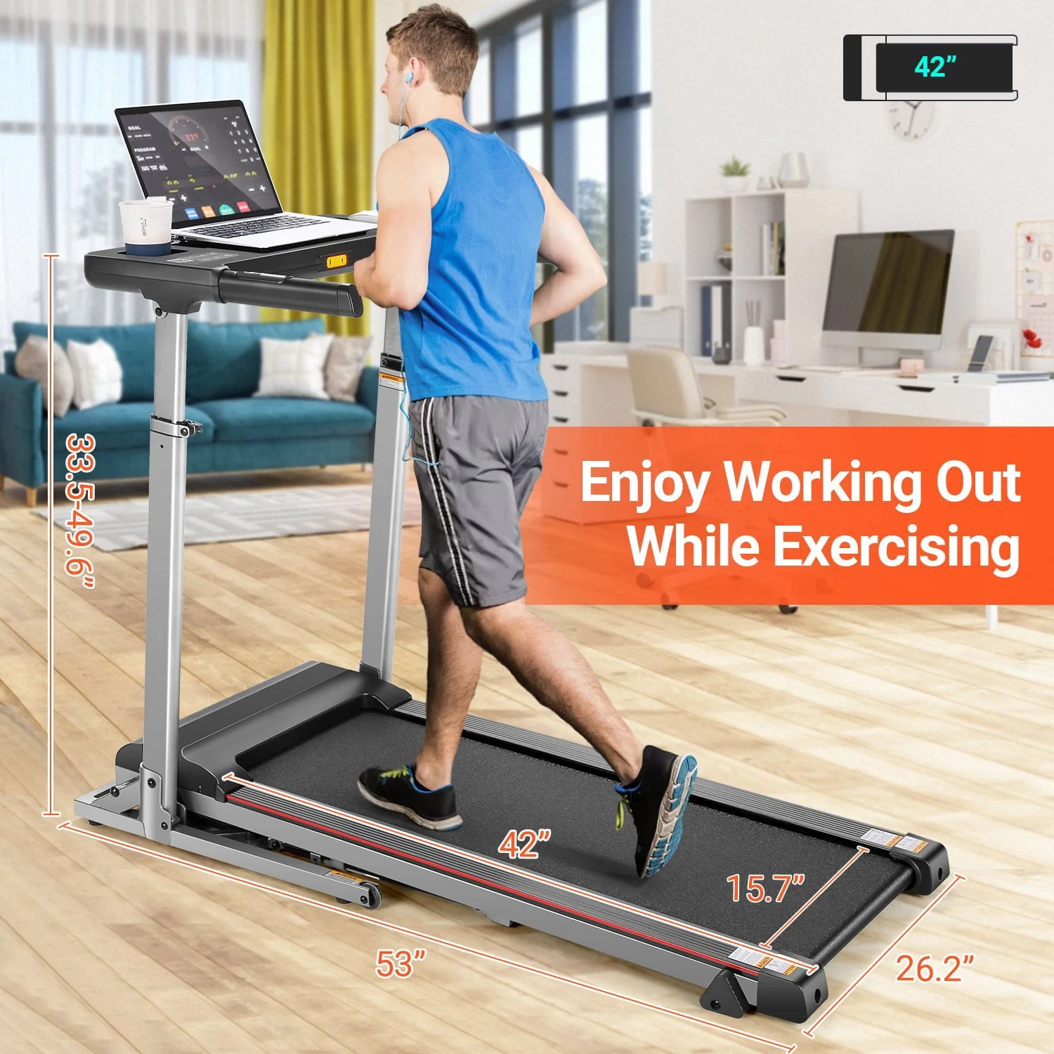 Adnoom 2.5HP Treadmill with Adjustable Desk, 300LBS Folding Incline Treadmill with Incline, Portable Running Walking Machine with Bluetooth Music & APP for Home Office, Easy Assembly