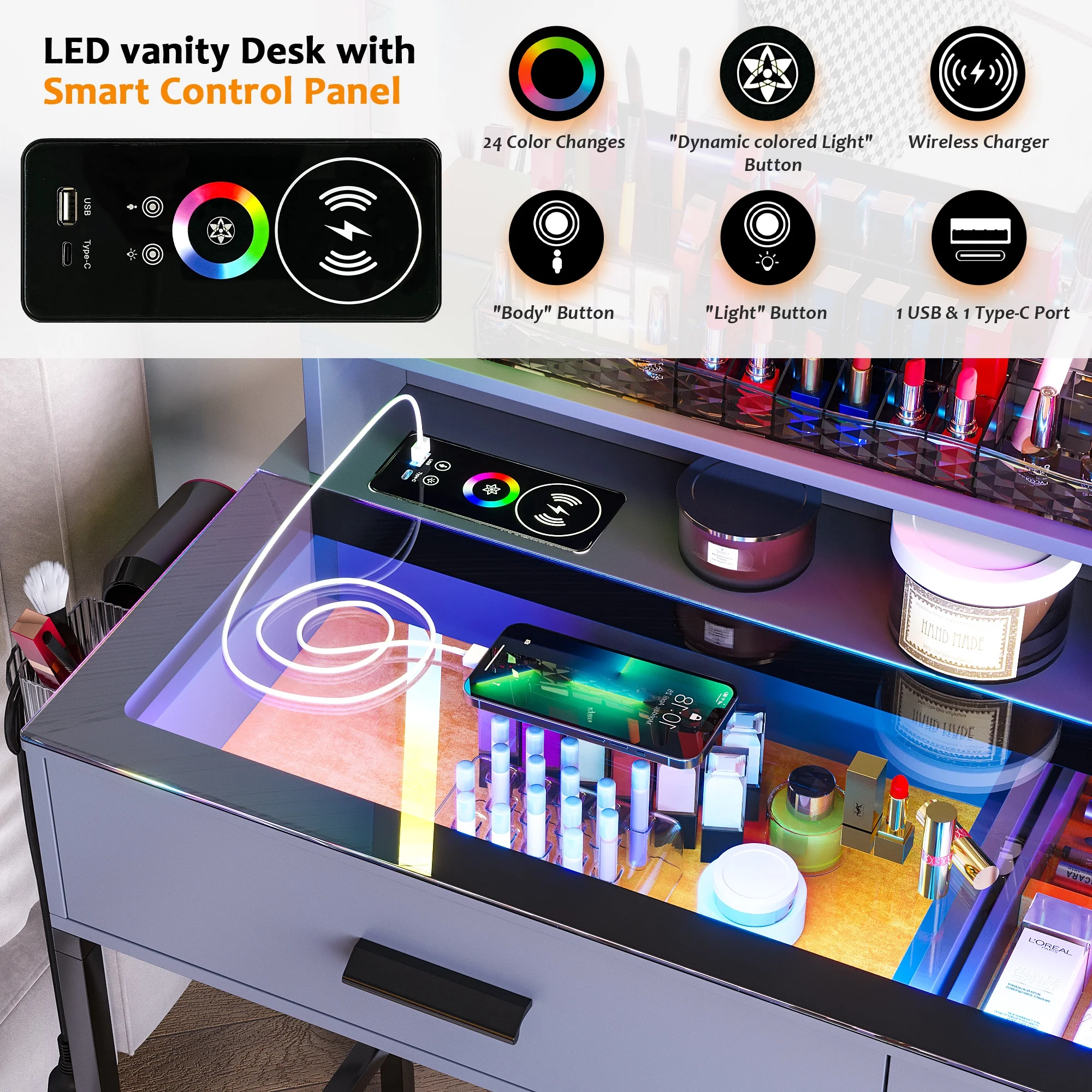 HNEBC Vanity Desk with Mirror and RGB Lights, Glass Top Makeup Vanity with Auto Sensor Lights and Wireless Charging, Vanity Table Set with Cushion Stool, Dressing Table with 6 Drawers (White)