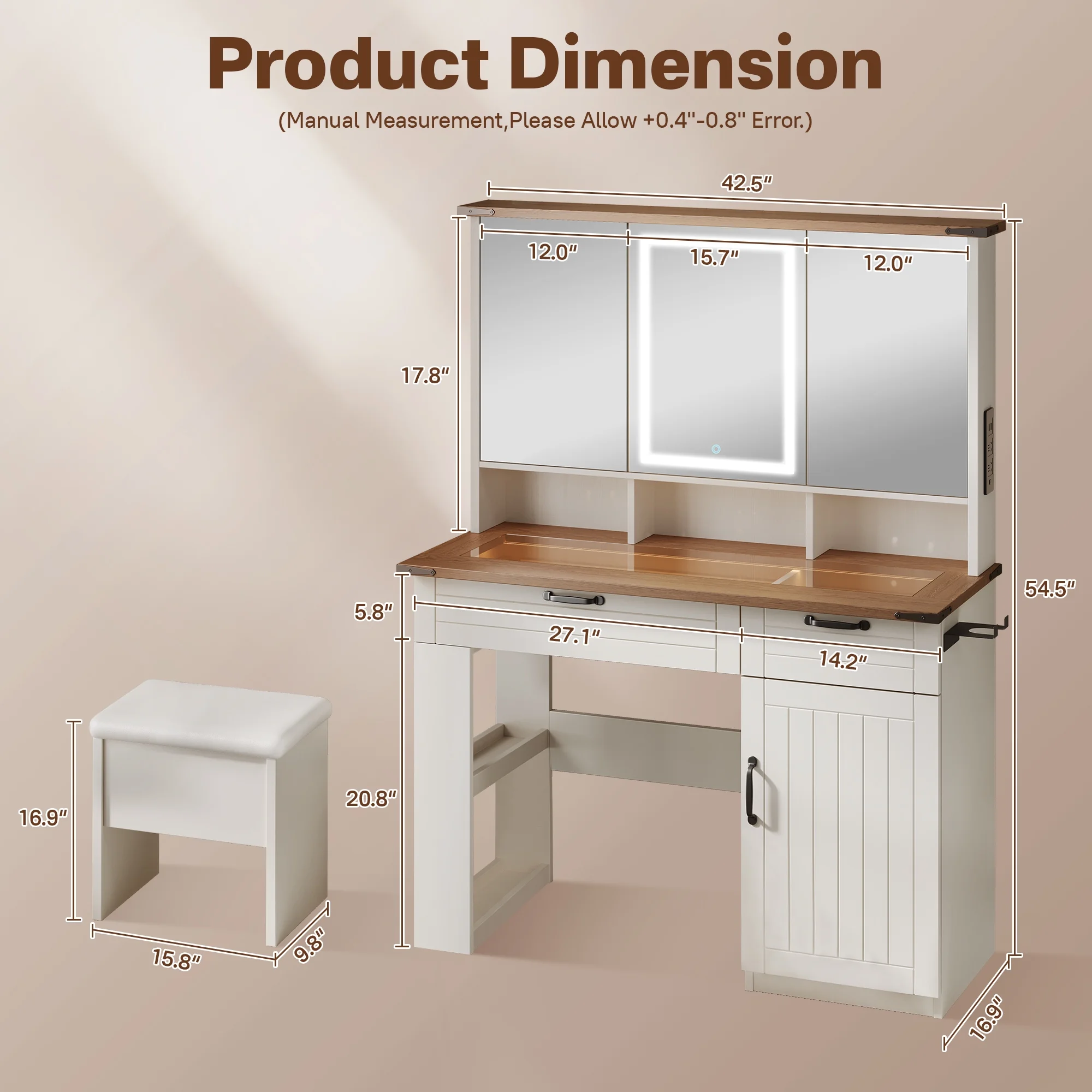 Vcatnet Vanity Table Set with Mirror and Lights Glass Top Makeup Vanity Desk with Storage Shelves and Drawers Dressing Table with LED Lights and USB Charging for Bedroom, Girls and Women