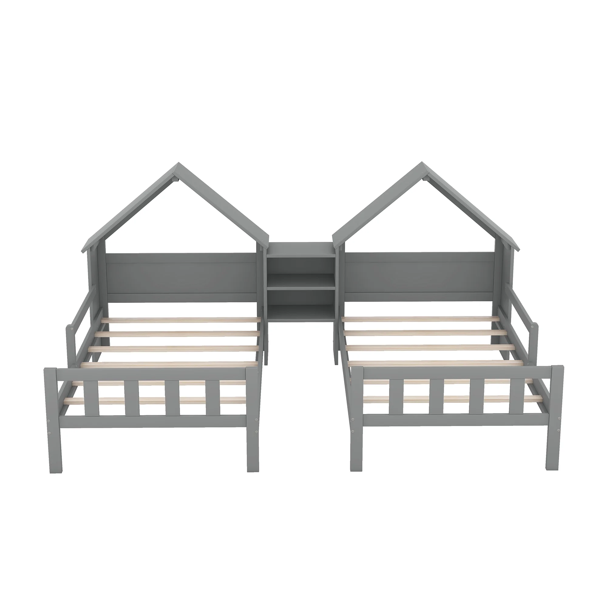 Euroco Twin Size Wood House Platform Bed, Two Beds in One with Desk and Shelf, 2 Platform Beds for More Kids Teens, Gray