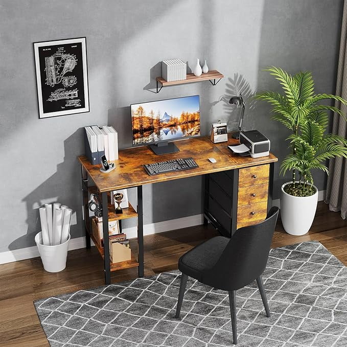 Lufeiya White Desk with Drawers & Storage Shelves, 47 Inch Study Work Writing Desk for Home Office Bedroom, Simple Modern Cute PC Computer Desks Table, White