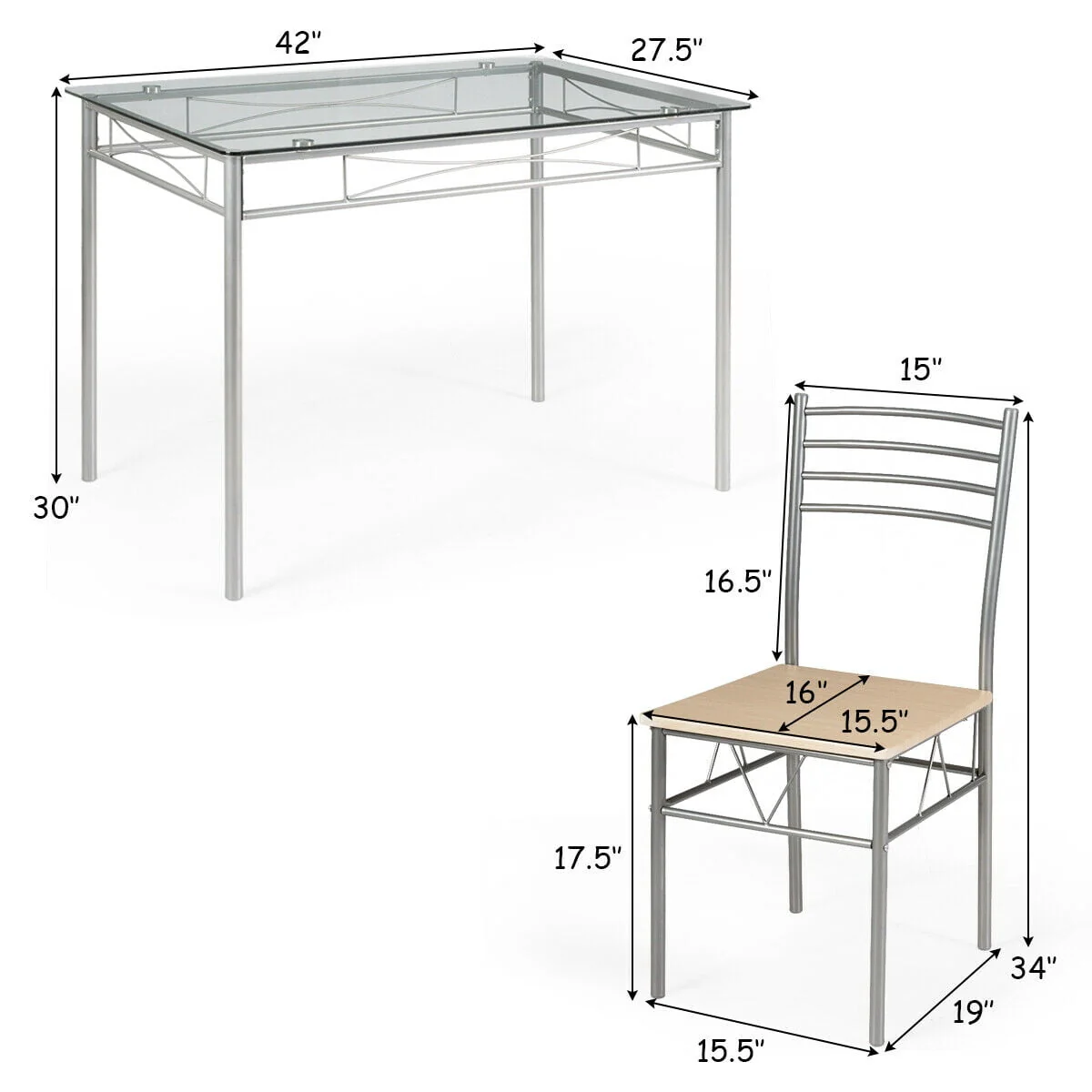 Costway 5 Piece Dining Set Table and 4 Chairs Glass Top Kitchen Breakfast Furniture Brown