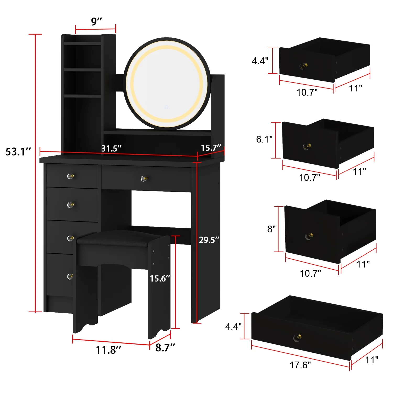 OXYLIFE Makeup Vanity Desk Table with Sliding LED Lighted Mirror, Cushion Stool, 4 Drawers and Shelves, White+Gray