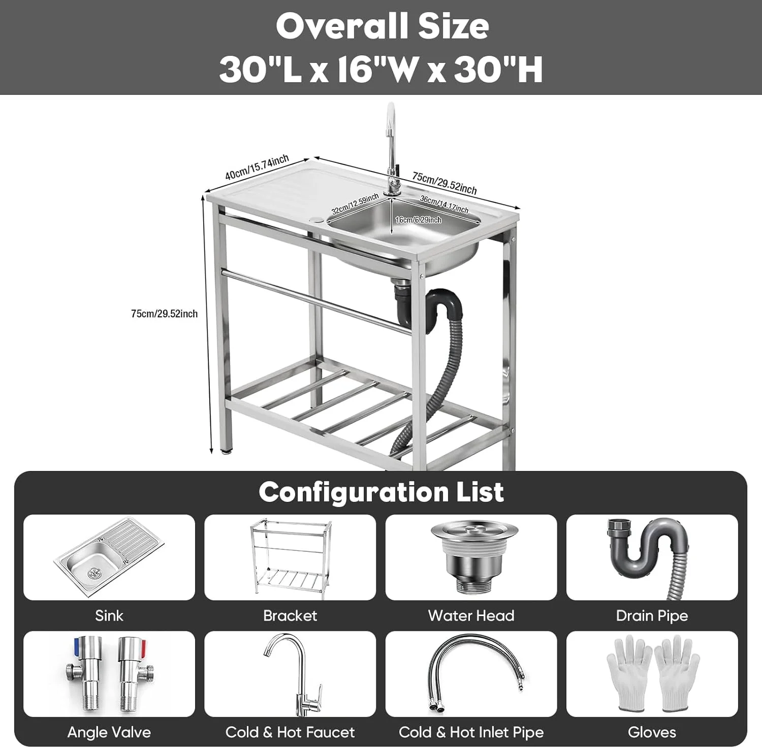 Free Standing Single Bowl Kitchen Sink, Stainless Steel Utility Sink with Cold and Hot Water Hose for Kitchen, Garage, Backyard