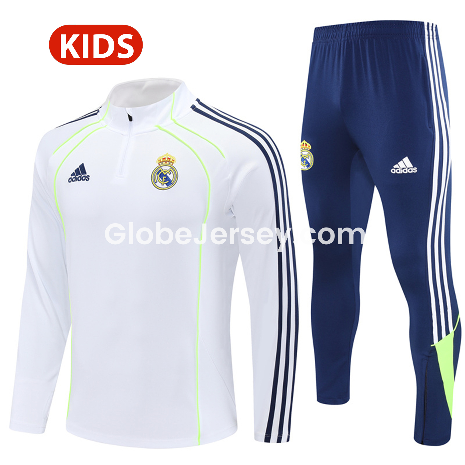 Real Madrid 25-26 Kids Long Sleeves Training Set - Green Line White Top and Blue Pants