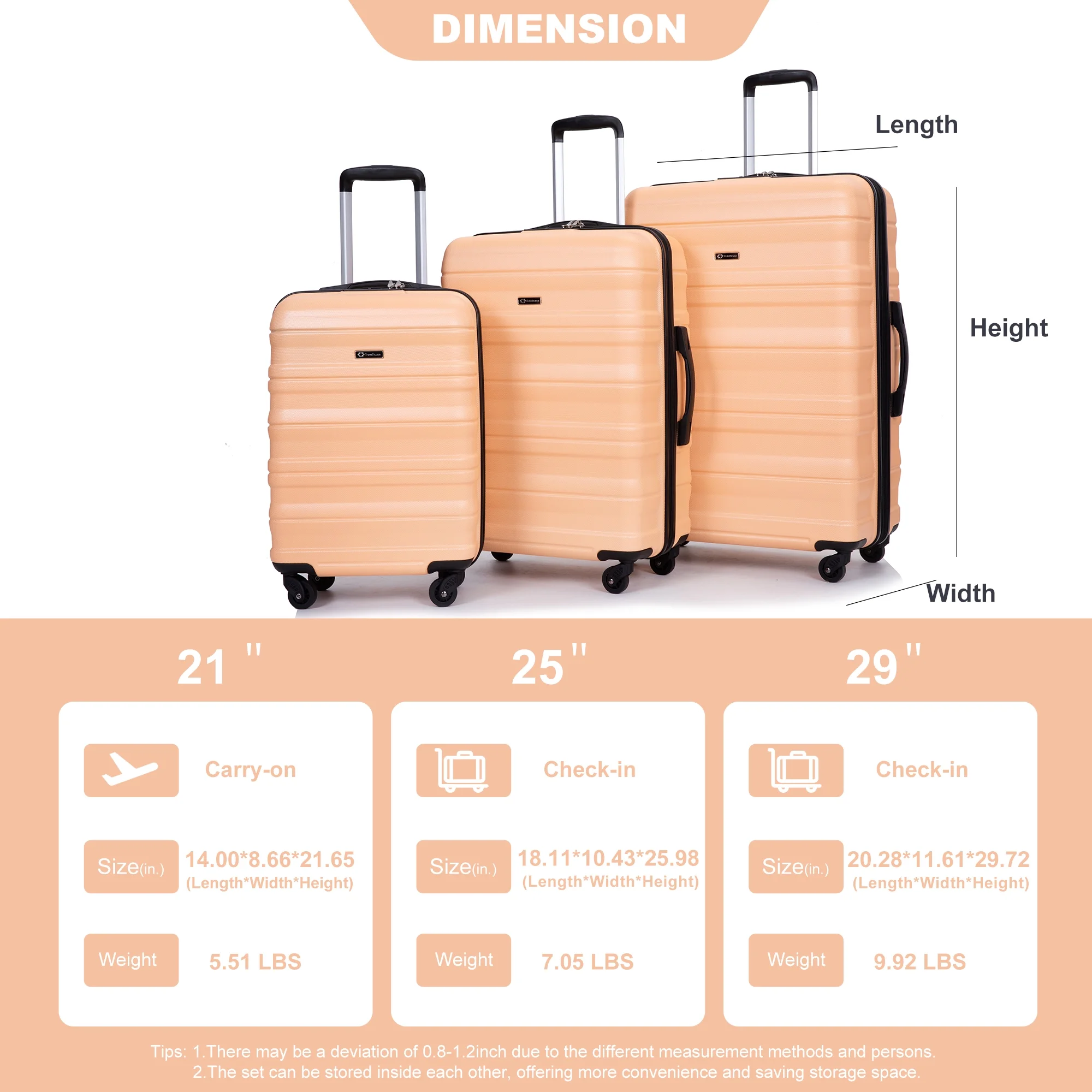 PAPROOS Hardside Luggage Set, 3 Piece 21in 25in 29in Carry on Suitcases Set with 2 Hooks and TSA Lock, Modern Lightweight Luggage Set, Hardshell Expandable Suitcase Set for Family Travel, Black