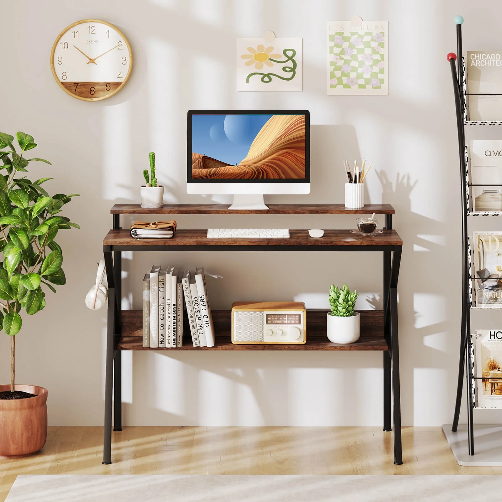 Costway Home Office Desk with Monitor Stand, Open Shelf & Metal Frame, Earphone Hook White