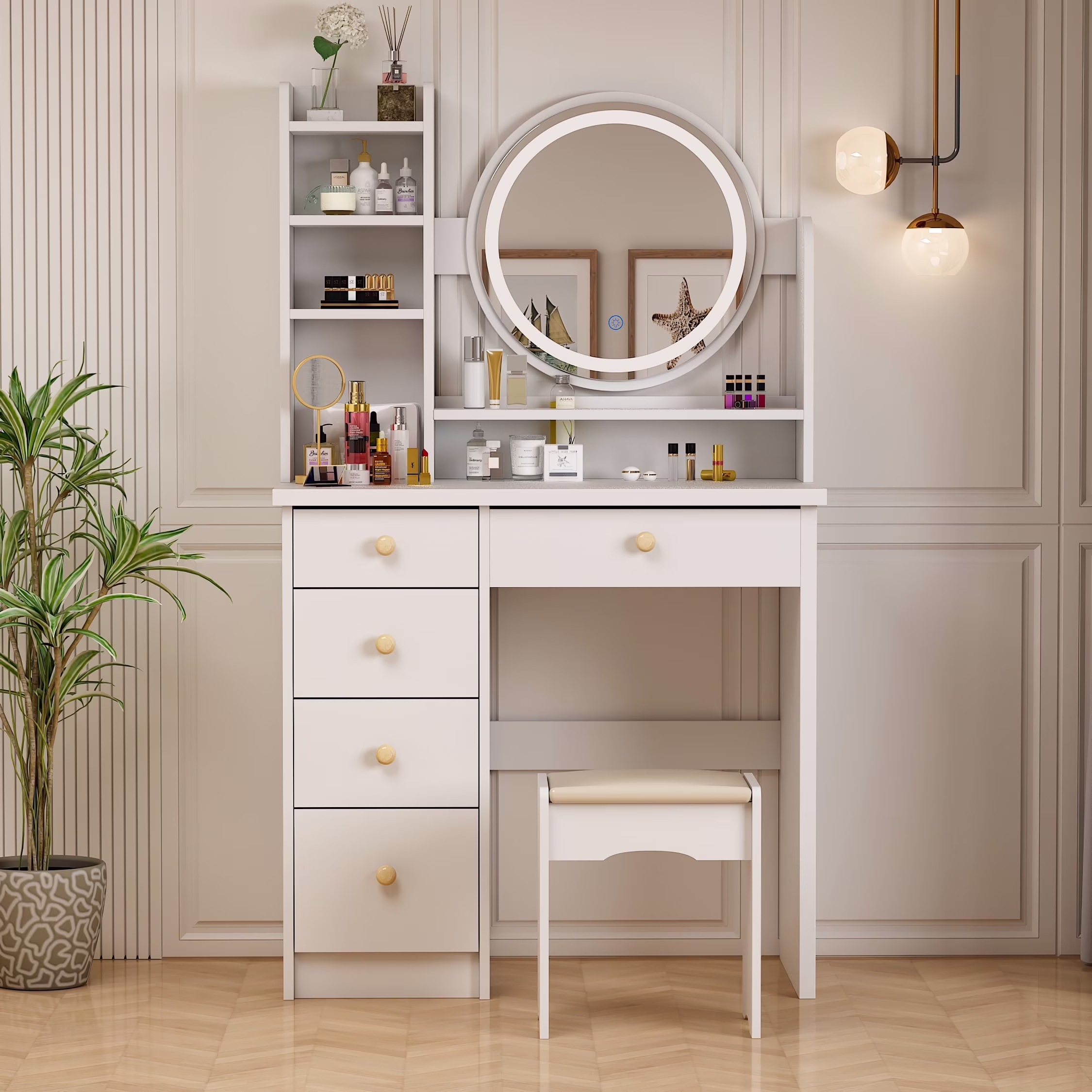 MONSLIPA Makeup Vanity Desk Set w/ Light, Sturdy Dressing Vanity Table with Bench, Shelves & Drawers