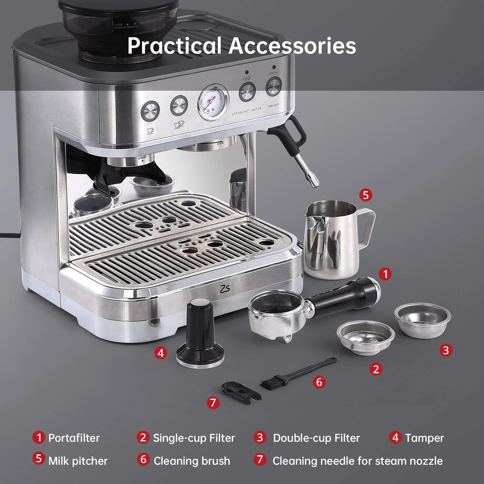 AOILE Espresso Machine with Grinder and Milk Frother �?15 Bar Pump for Cappuccino and Latte, 85oz Removable Water Tank, Stainless Steel, Steam Wand, Auto-Purge Function