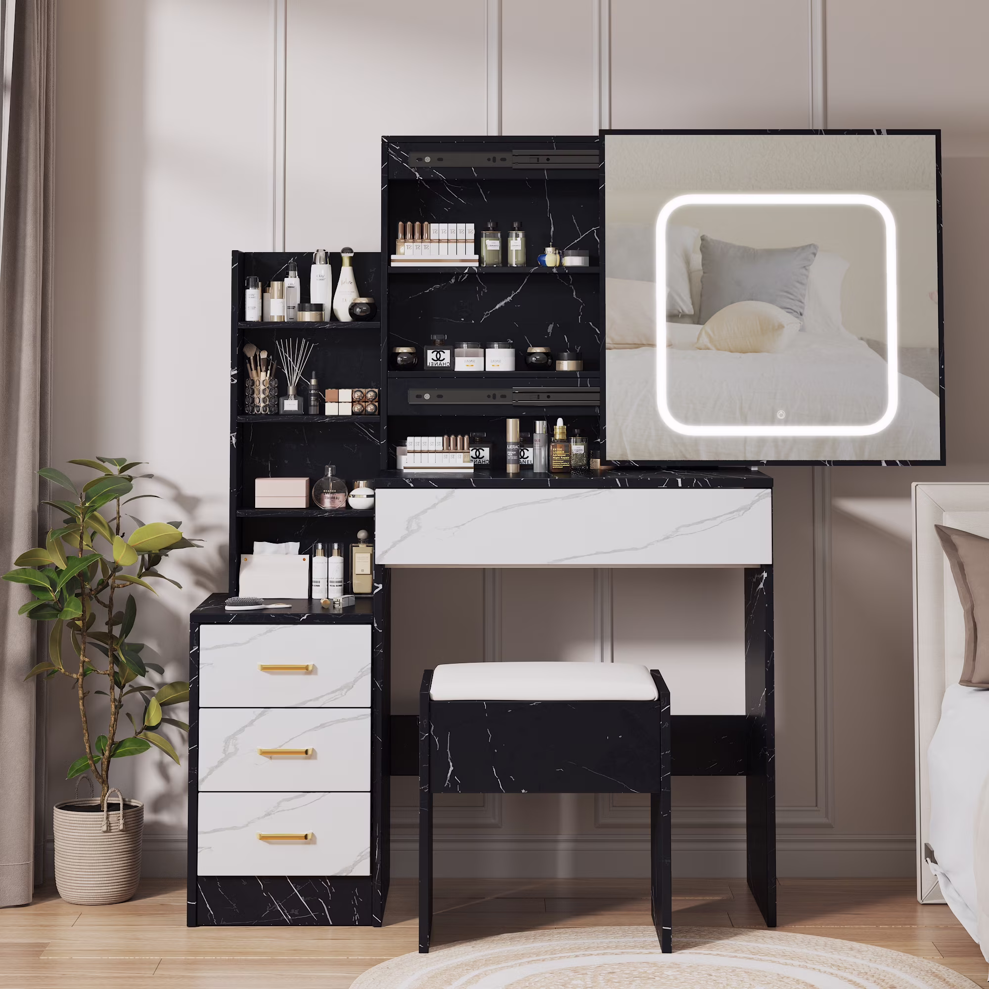 Vanity Desk with Sliding Mirror and Lights, Makeup Vanity Set with 4 Drawers, Stool, Power Outlet, Open Shelves, 3 Color Adjustable Lighting Modes, Makeup Dressing Table for Bedroom, White