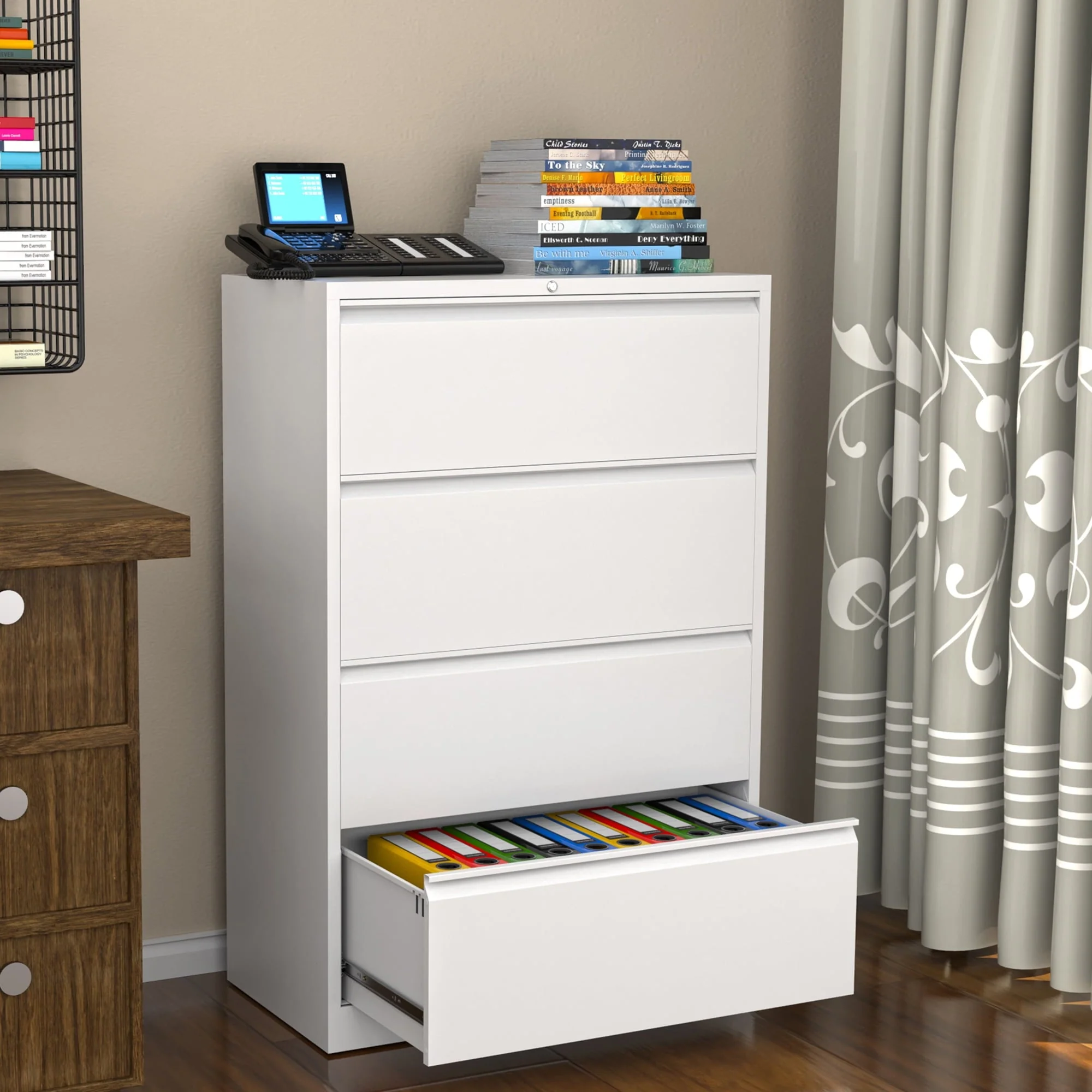 Supeer Four Drawer Metal Lateral File Cabinet, Storage White File Cabinet with Large Deep Drawers, Locking Wide File Cabinet for School, Office, Home,  Assembly Required