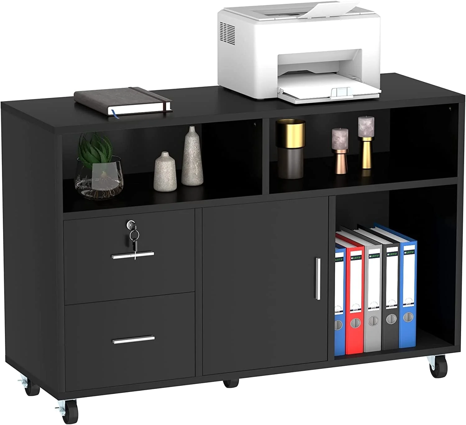 Dextrus 2 Drawer Wood File Cabinet, Mobile Lateral Filing Cabinet with Lock, Printer Stand with Open Storage Shelves for Home Office, Drawers Without Hanging Bars, Black