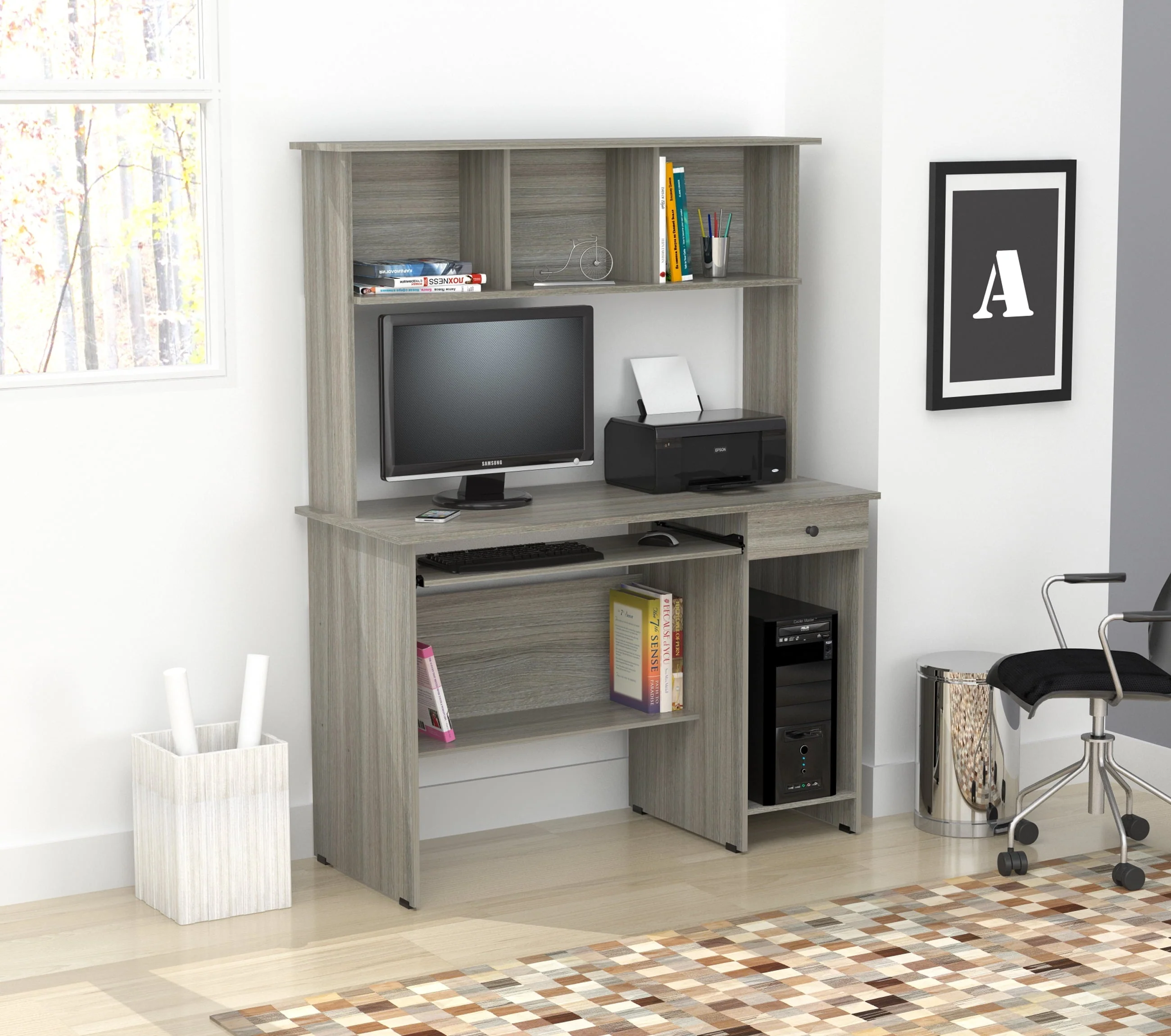 Inval Traditional Laminate Computer Desk and Hutch with Storage in Gray