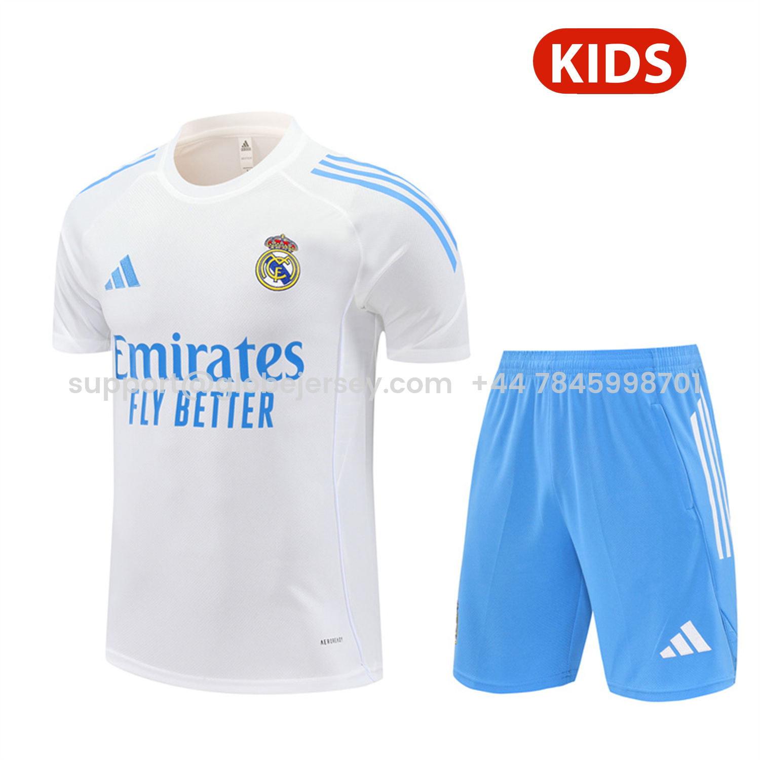 Real Madrid 25-26 Kids Short-Sleeve Training Set - White Top and Sky Blue Shorts