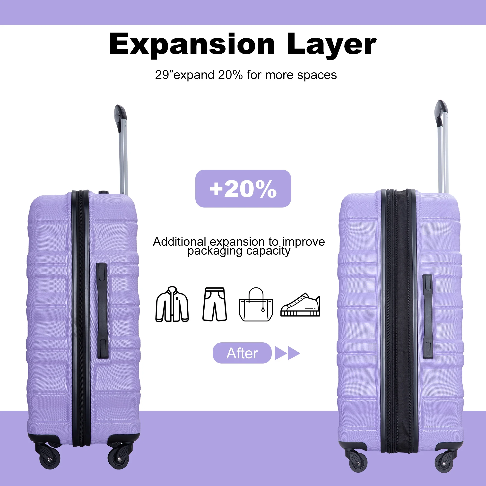 PAPROOS Hardside Luggage Set, 3 Piece 21in 25in 29in Carry on Suitcases Set with 2 Hooks and TSA Lock, Modern Lightweight Luggage Set, Hardshell Expandable Suitcase Set for Family Travel, Black