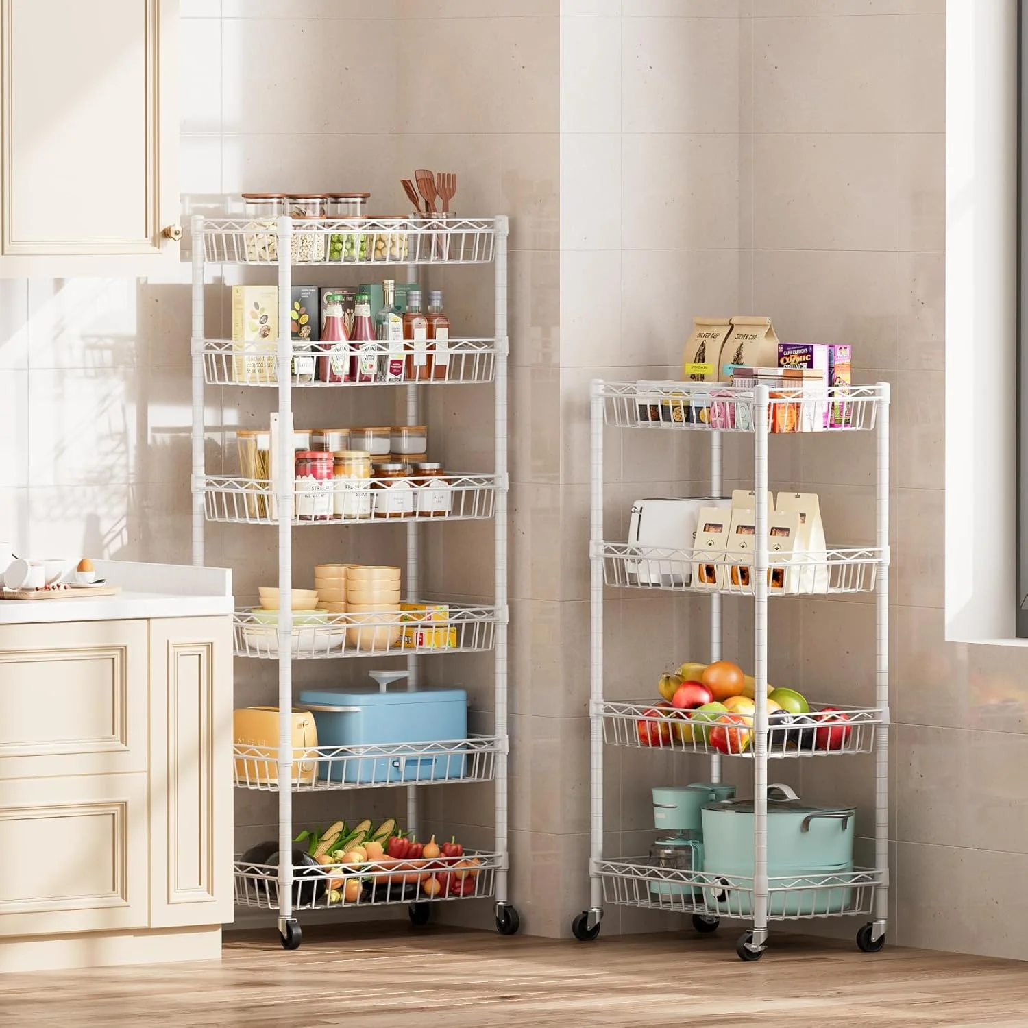 6 Tier Wire Shelving Unit with Wheels Baskets Storage Rack Corner Shelves Adjustable Shelf Closet Bathroom Organizers Metal Pantry Kitchen Garage Laundry Room 13.5
