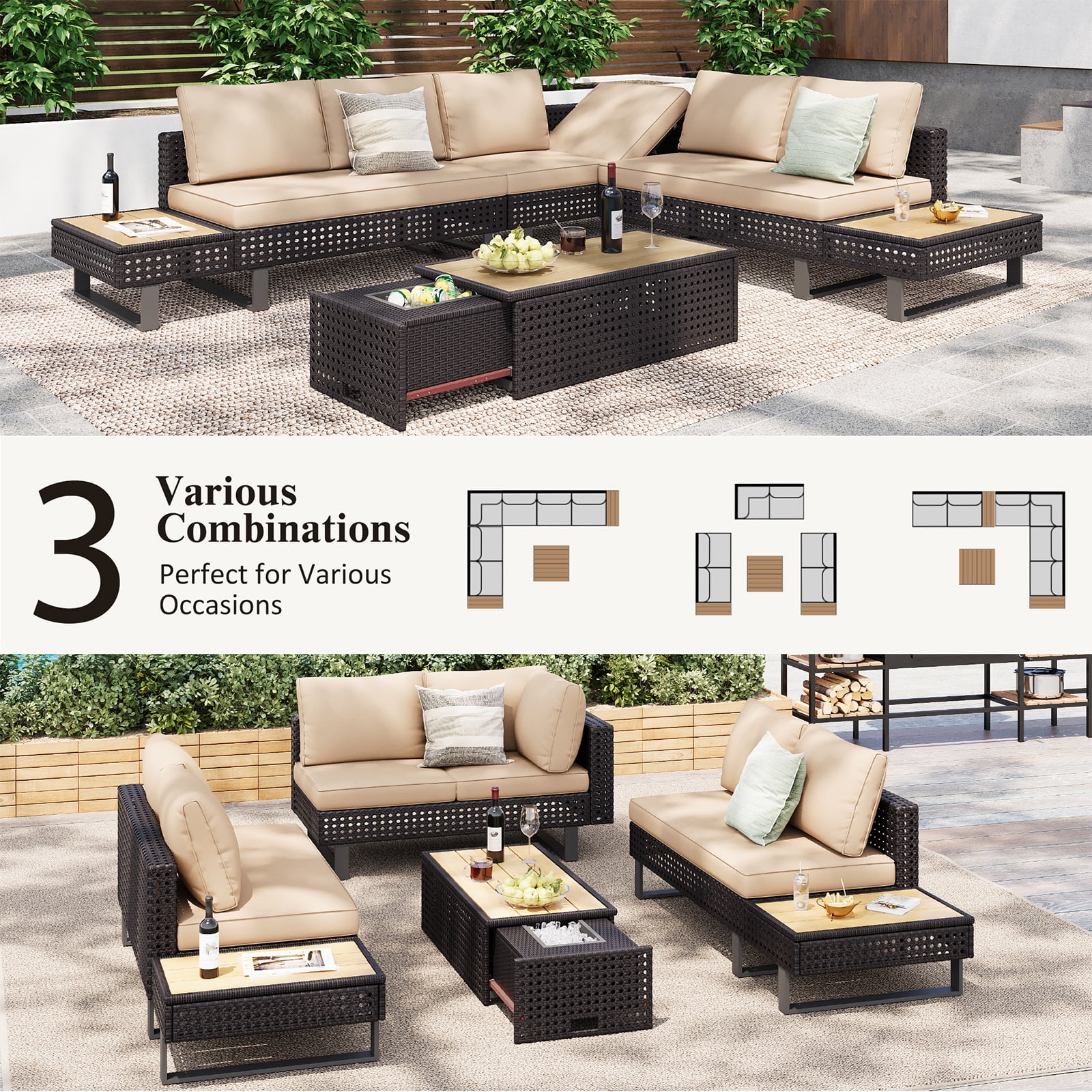 6-Piece Outdoor Sectional Furniture Set for Patio, Expandable Coffee Table w/ Ice Bucket & Collapsible Seat, Deep Cushions - Khaki
