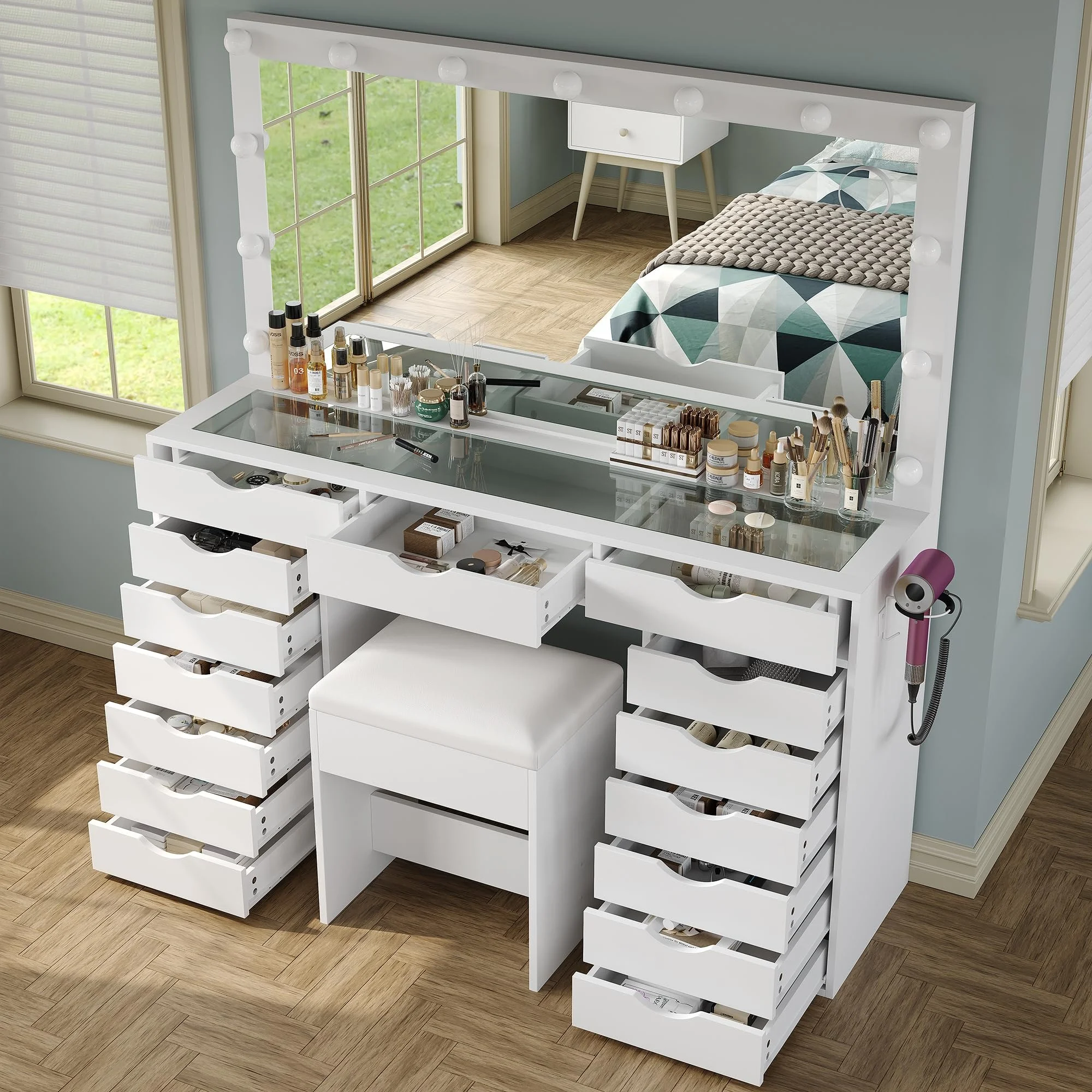 Yanosaku 15 Drawers Vanity Desk with Power Outlet, Makeup Table with Mirror and 13 LED Lights, 3 Color Lighting Modes, Brightness Adjustable, Glass Top Dressing Table, Vanity Set for Bedroom