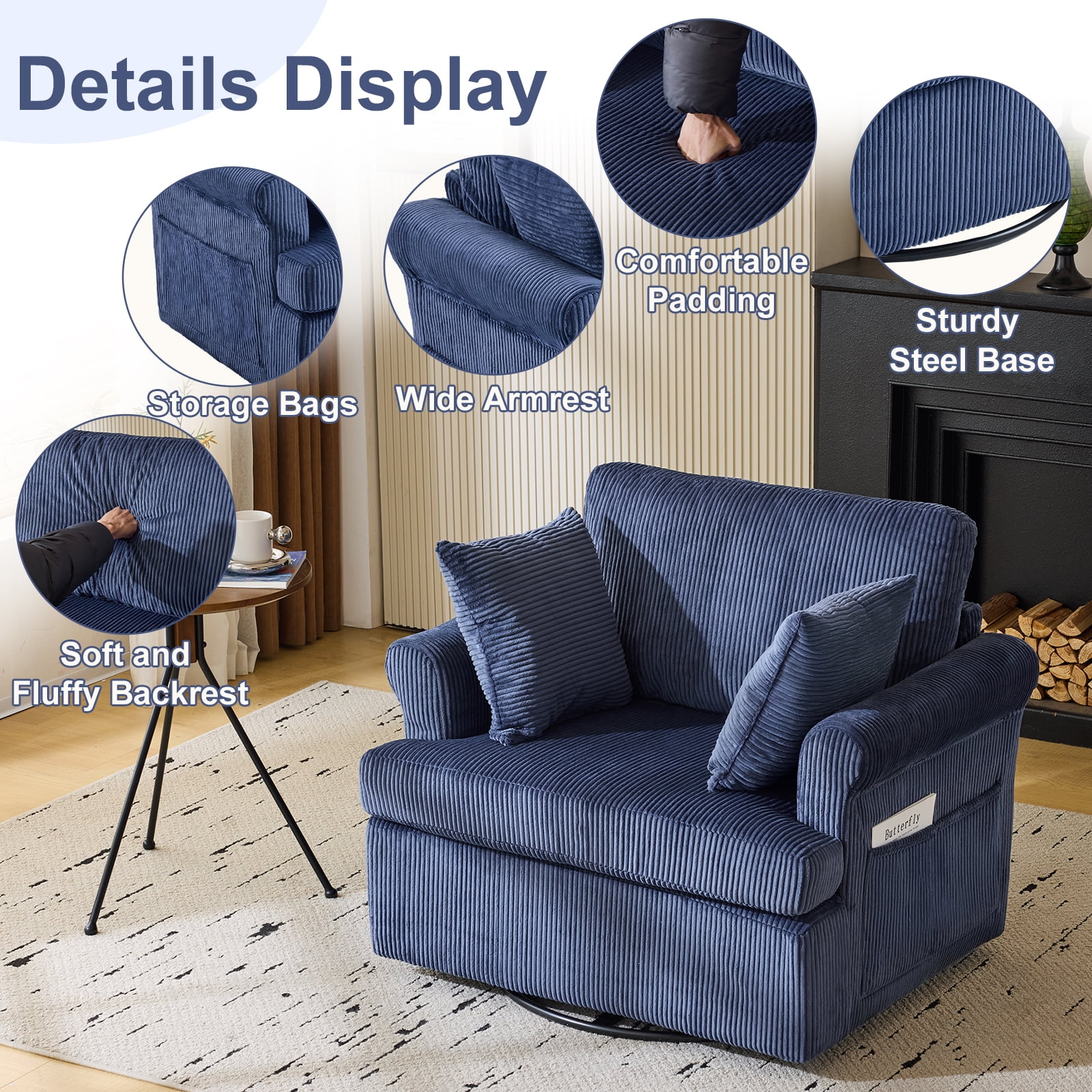 Ktaxon Swivel Accent Chair, 360-Degree Rotation Reading Chair, Corduroy Fabric Sofa with Armrest Pockets, Solid Metal Base, Perfect for Living Room Bedroom Black