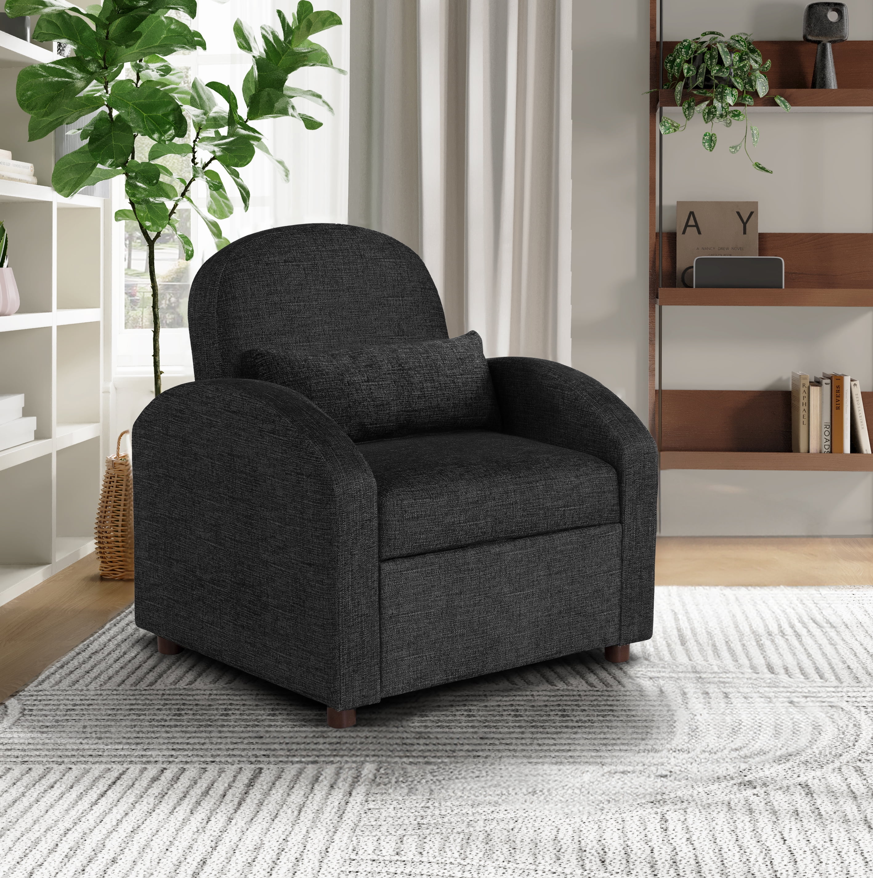 Serta Thornton Modern Convertible Chair with Twin Size Sleeper, Black Chenille Fabric