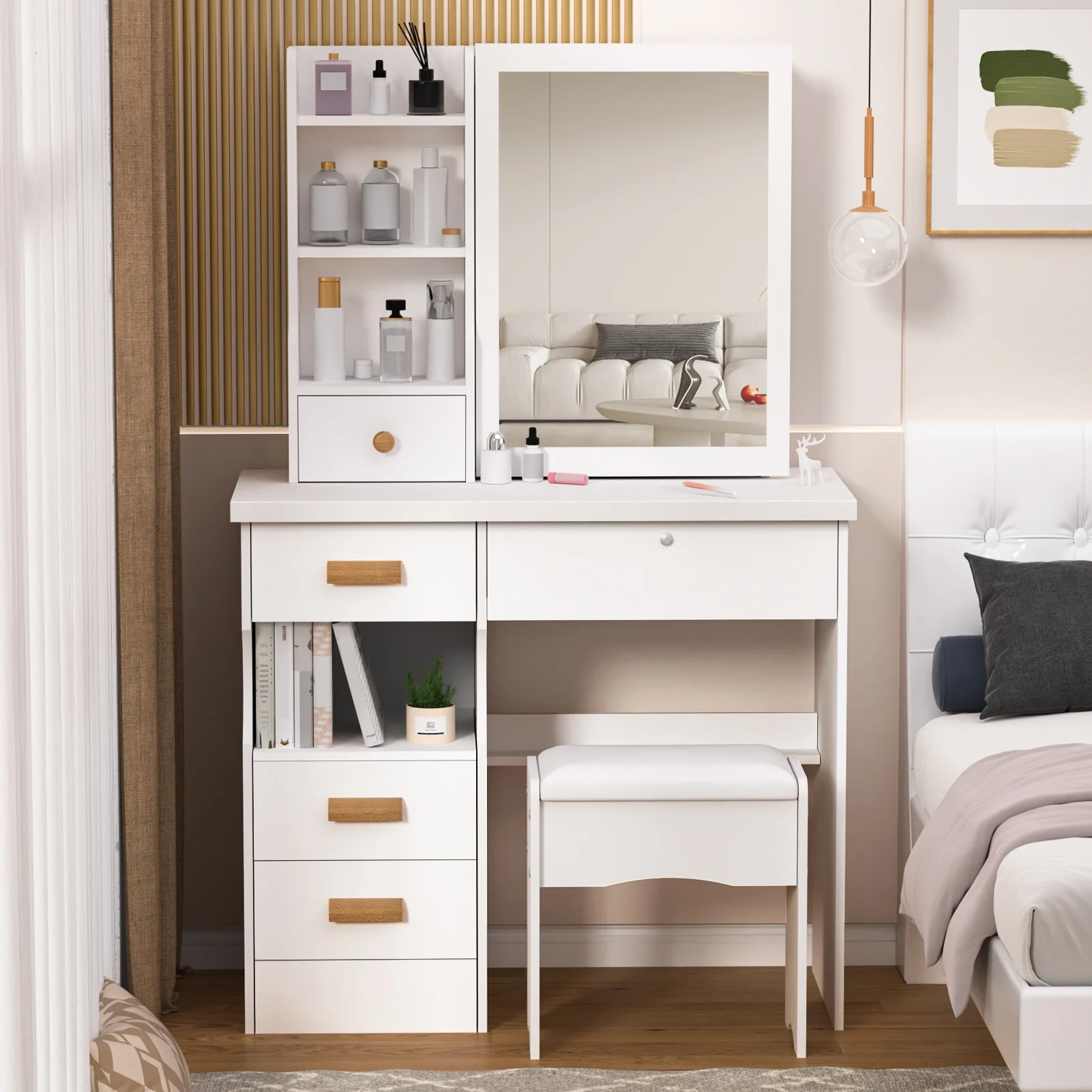 AQMD Vanity Desk with Sliding Mirror, Bedroom Dressing Table, Makeup Table with 5 Drawers & Shelves, Hidden Storage Space