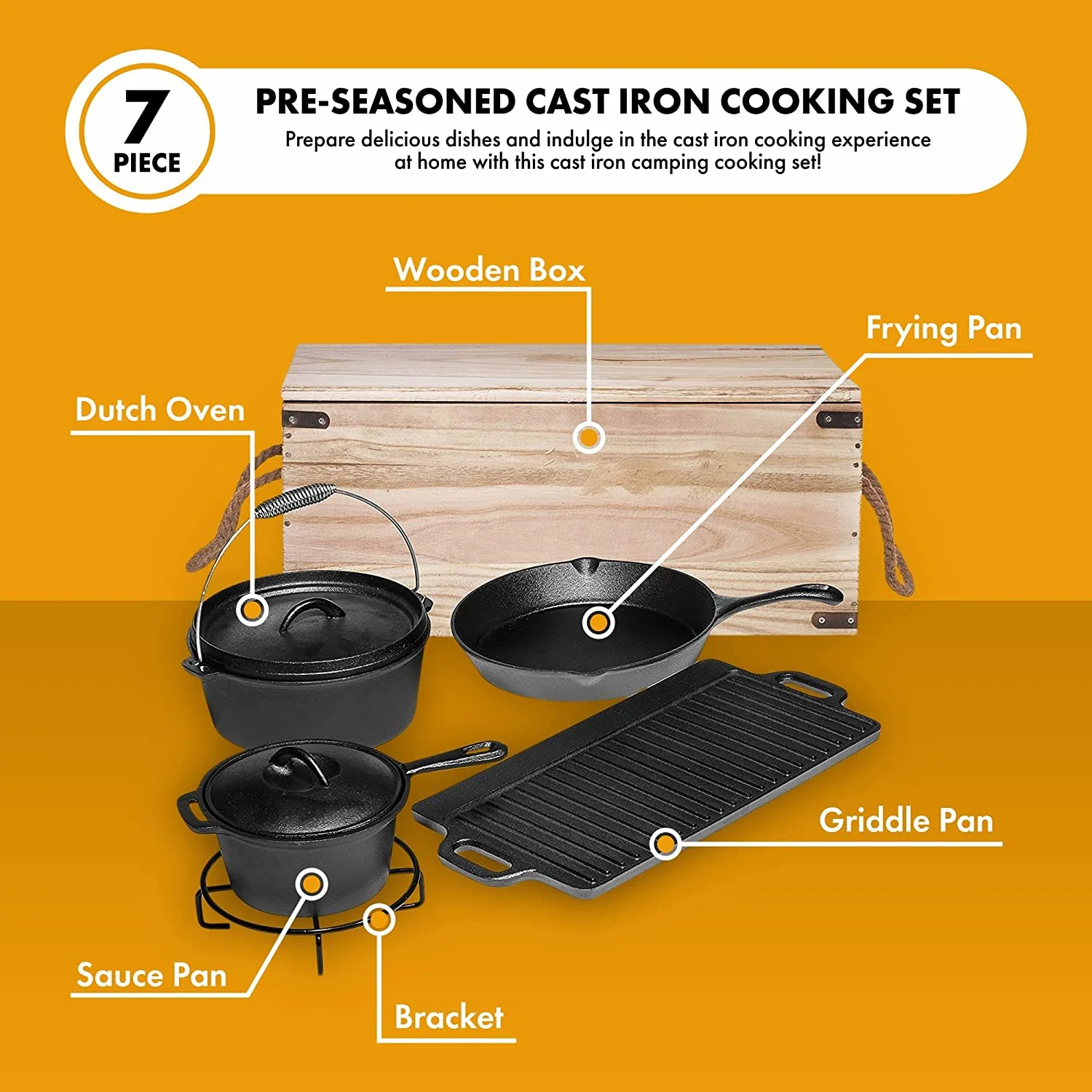 Bruntmor Camping Cooking Set Of 7 - Pre Seasoned Cast Iron Pots, Pans, and Dutch Ovens with Lids for Outdoor Campfire Cooking - Skillet Grill Cookware Set with Storage Box