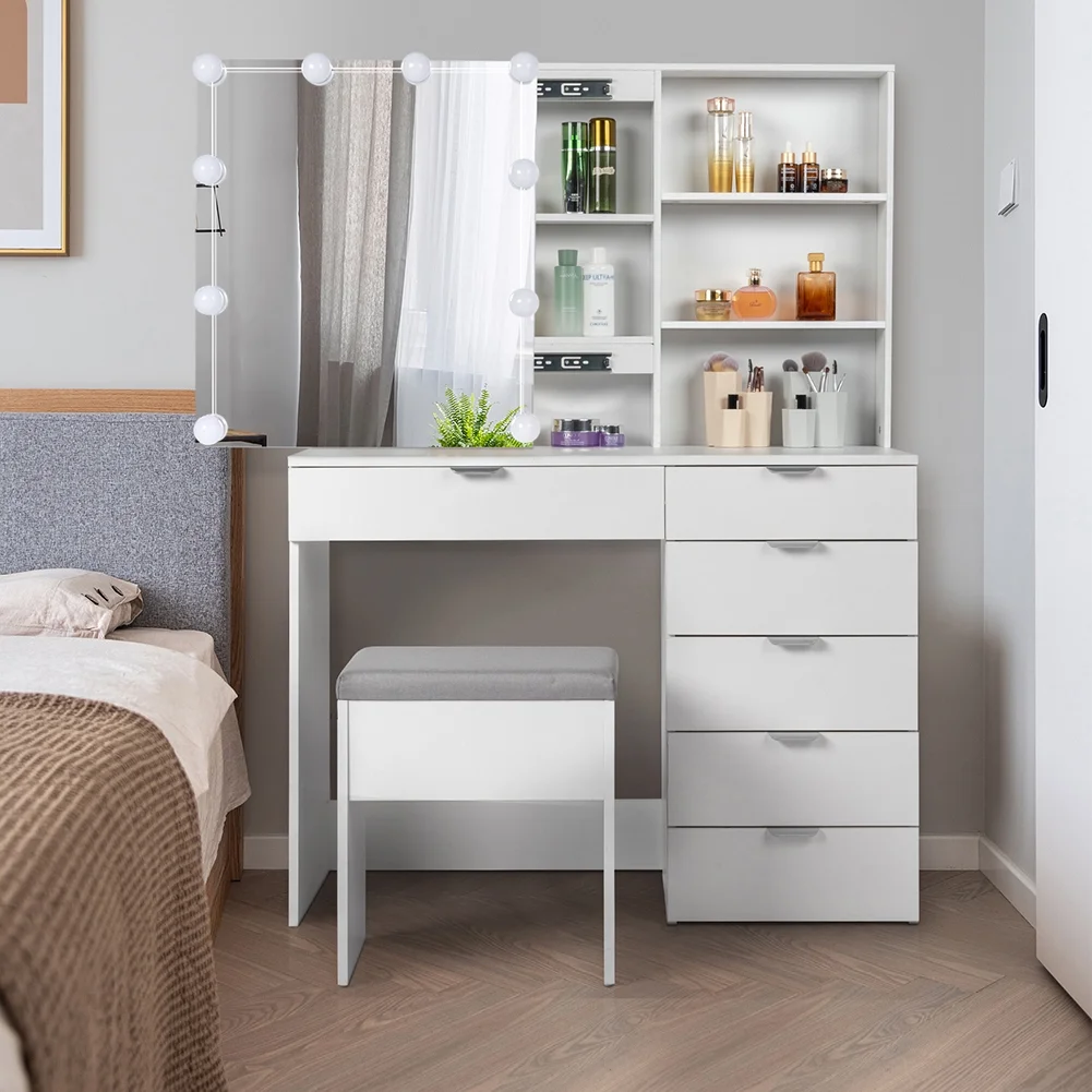 Resenkos Vanity Set with Mirror and 10LED Lights Makeup Vanity Desk Chair with 6 Drawers White