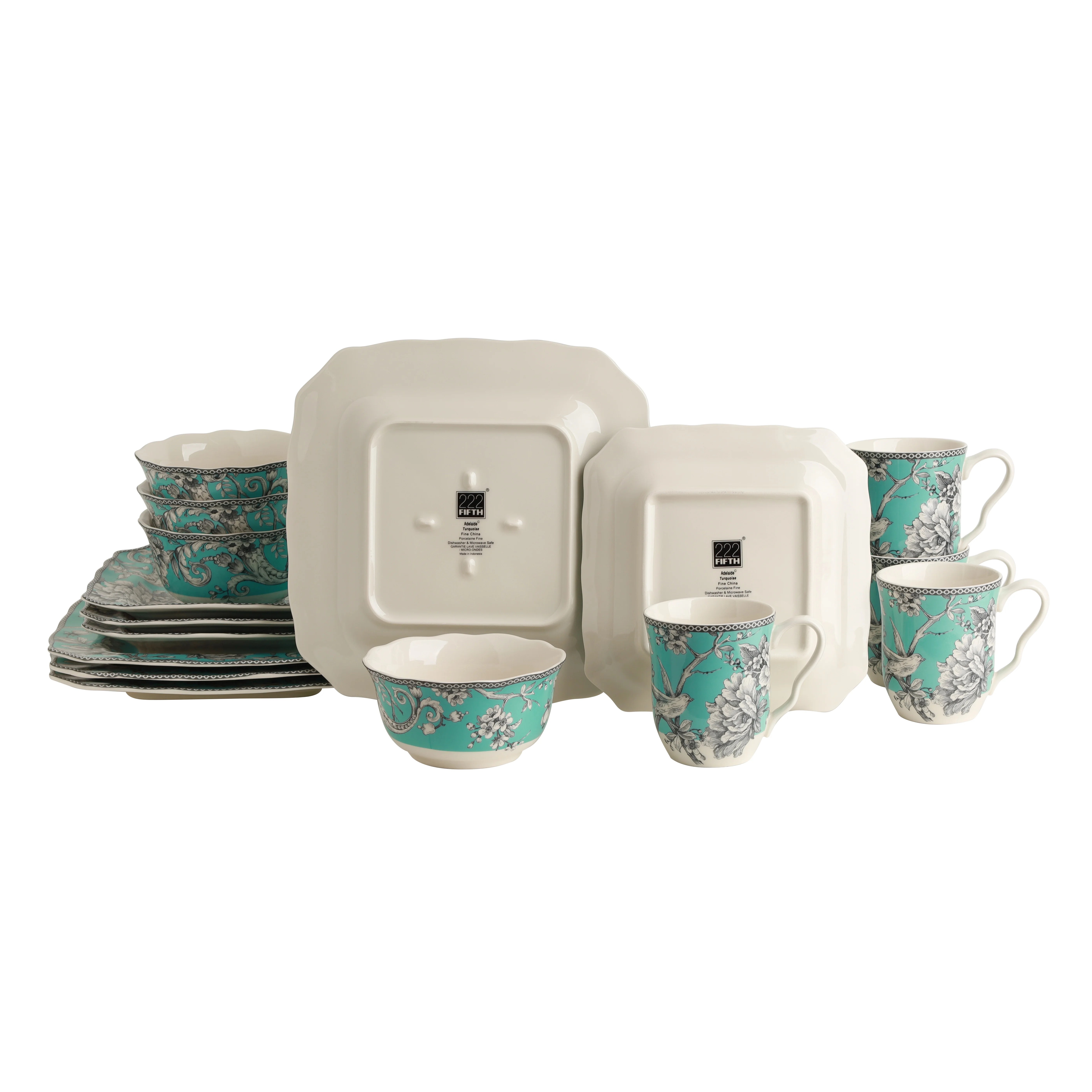 222 Fifth Adelaide Round 16-Piece Porcelain Dinnerware Set, Black Toile