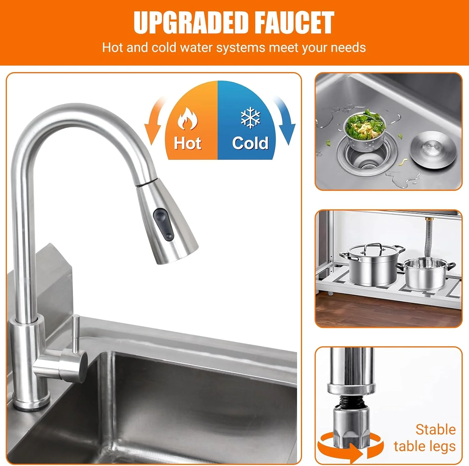 M optimized Stainless Steel Utility Sink, Free Standing Single Bowl Laundry Sink with Cold and Hot Water Pipes&Pull-Down Faucet for Restaurant Indoor&Outdoor