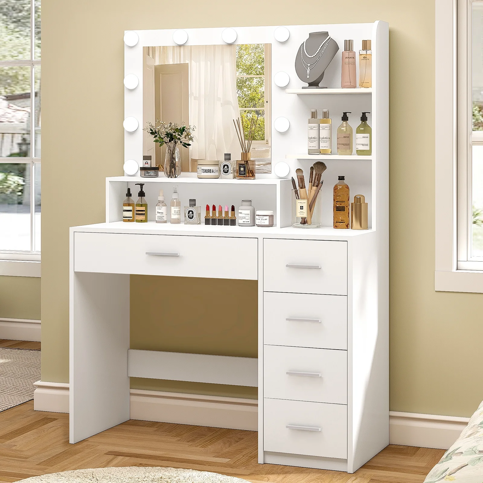 Makeup Vanity Desk with Mirror & Lights, Vanity Table with 5 Drawers & Storage Shelves, Makeup Vanity , 3 Color Modes & Adjustable Brightness Dressing Table, Bedroom, White