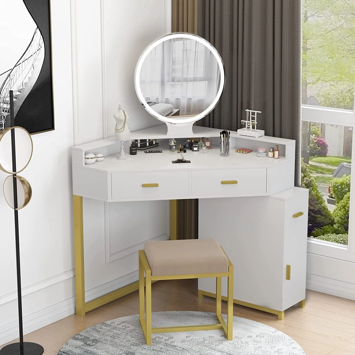 Corner Vanity Set with Lighted Mirror, Makeup Vanity Dressing Table with Drawers, Cabinet and Cushioned Stool, Girls Vanity Desk for Bathroom, Bedroom, White by TZUTOGETHER